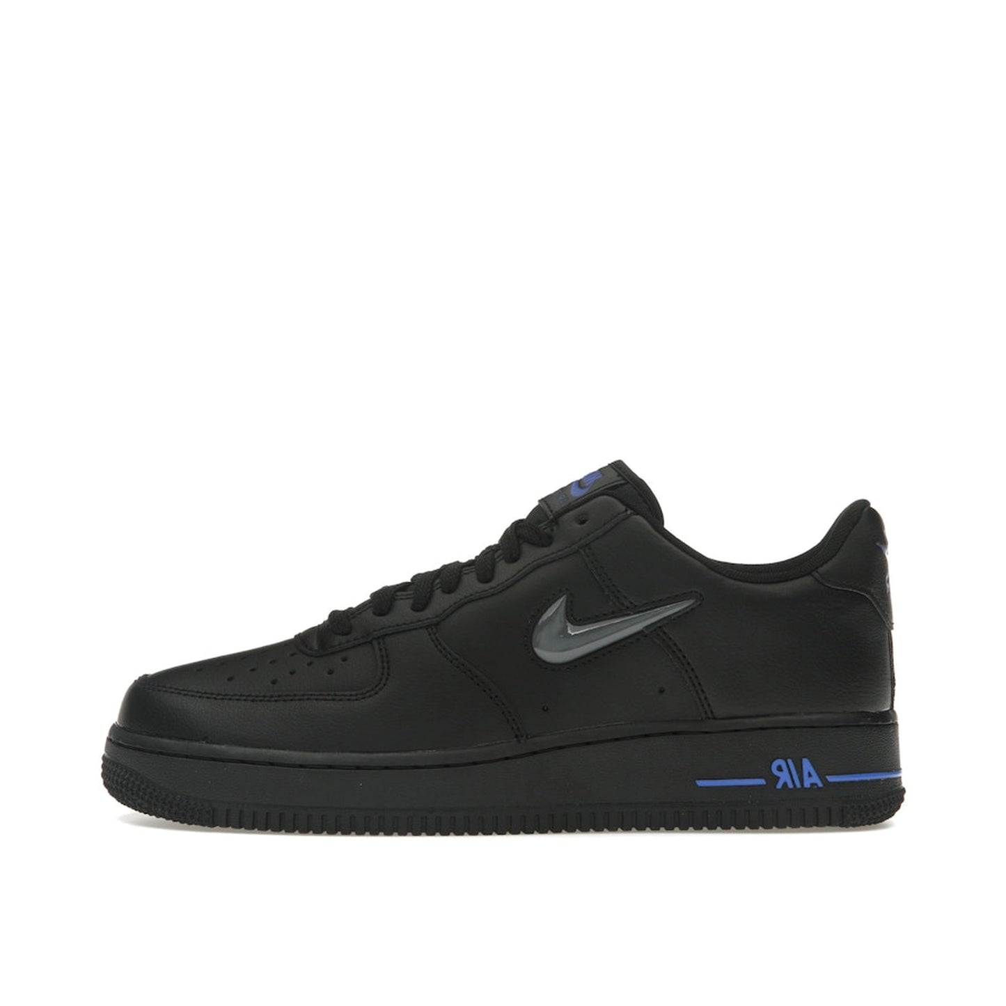 Nike Air Force 1 Low sneakers, side view, in black with jewel swoosh in grey and royal blue.