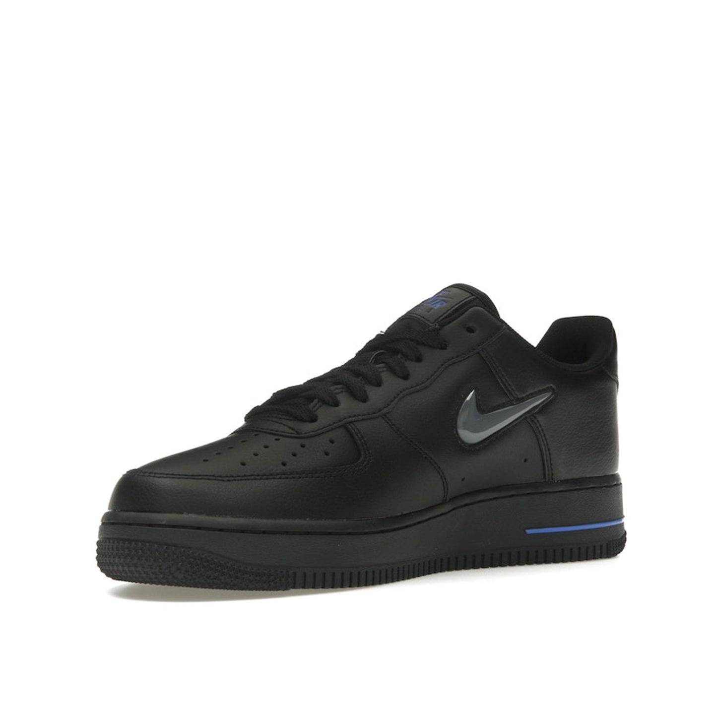 Nike Air Force 1 Low sneakers, front view, in black with jewel swoosh in grey and royal blue.