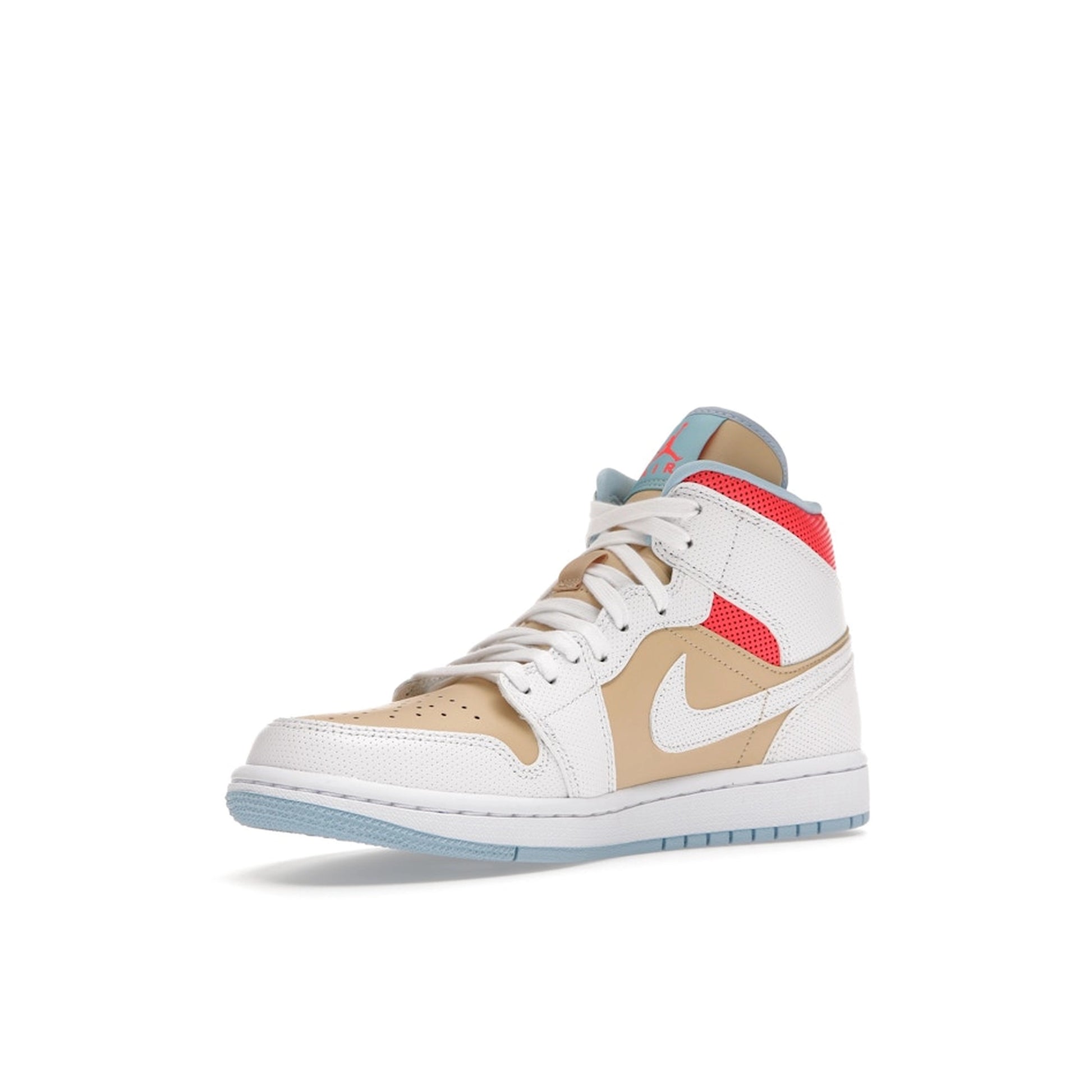 Air Jordan 1 Mid SE Women’s sneakers, front view, in sesame with white and blue accents.