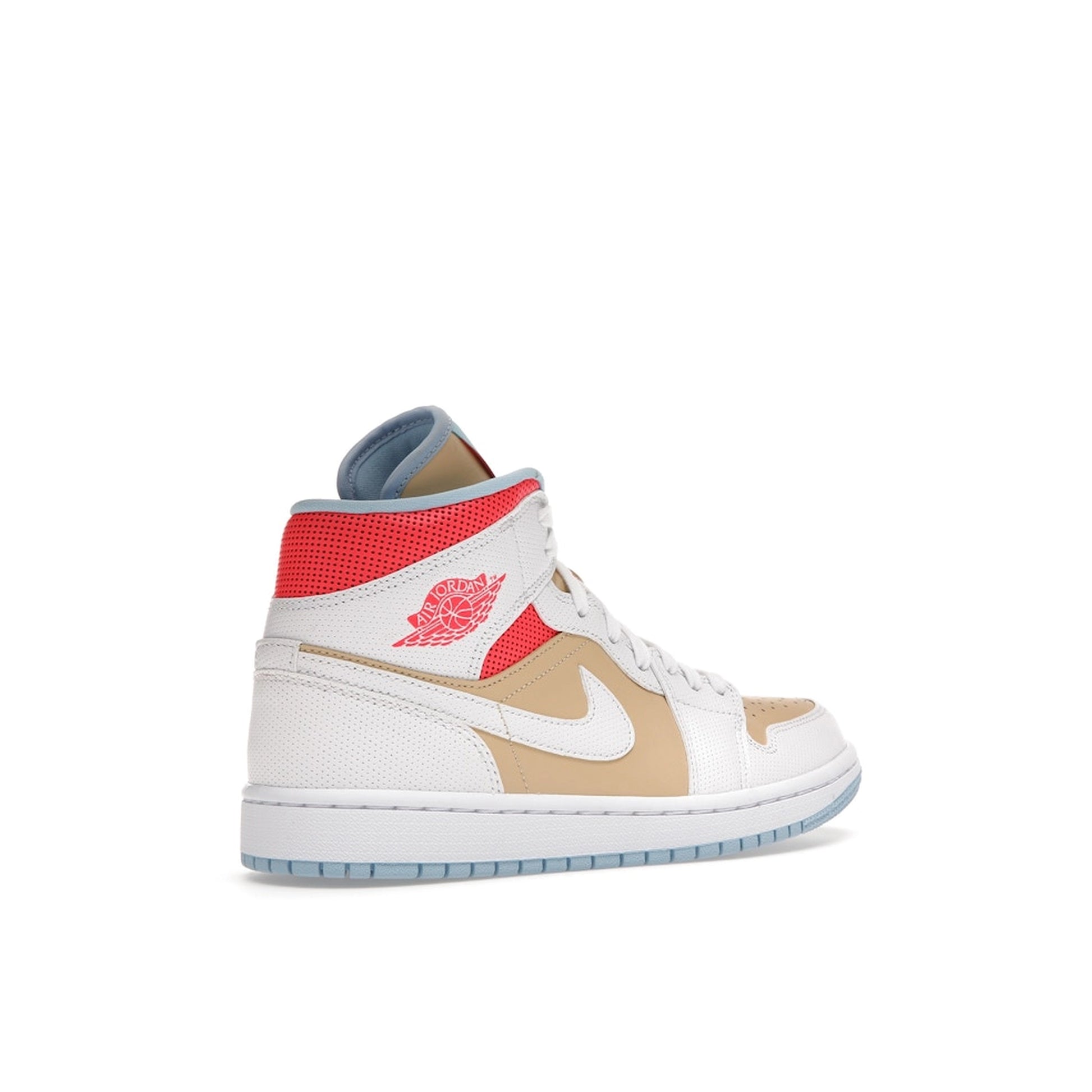Air Jordan 1 Mid SE Women’s sneakers, back view, in sesame with white and blue accents.
