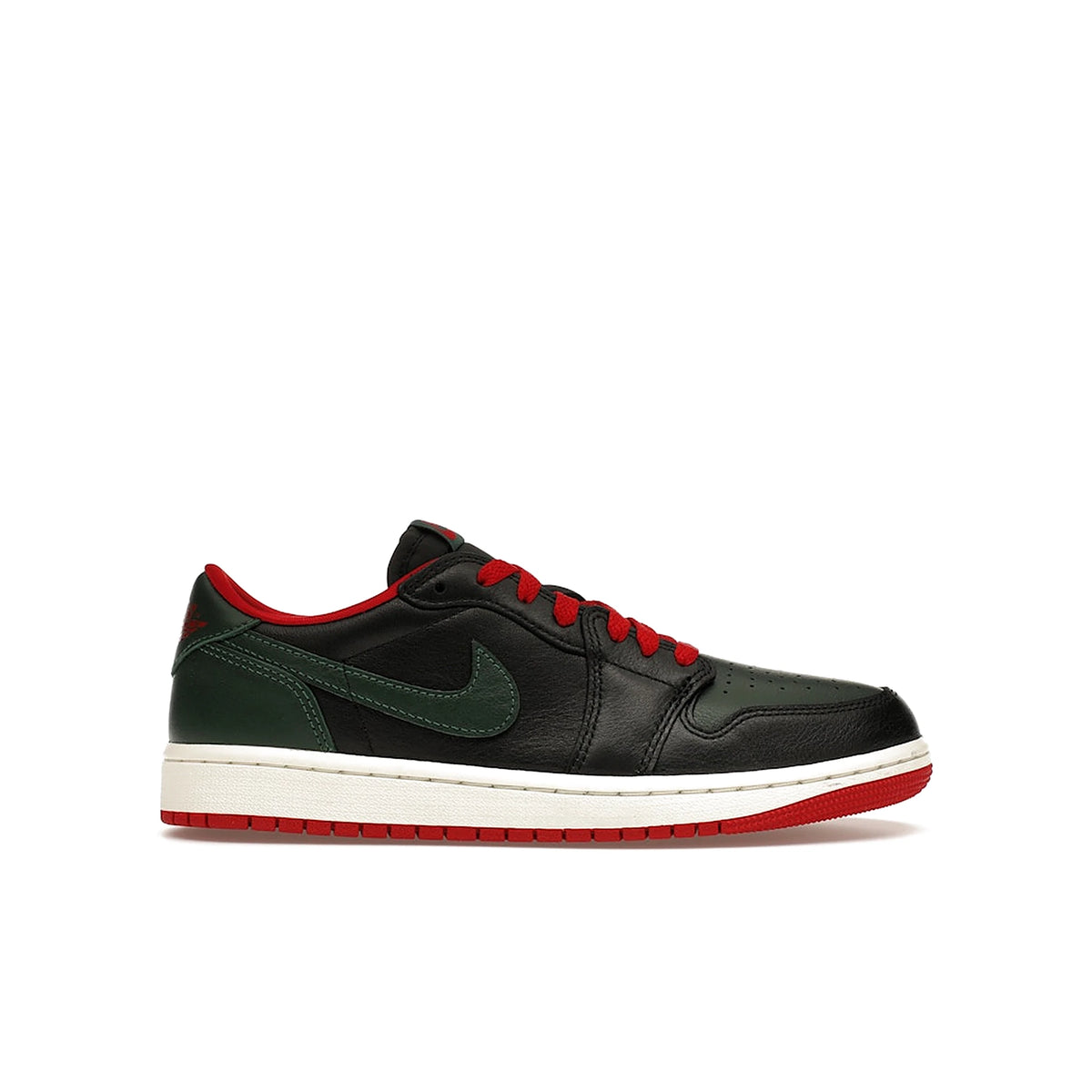 Jordan 1 Retro Low OG women's shoe in black, gorge green, varsity red and sail accents
