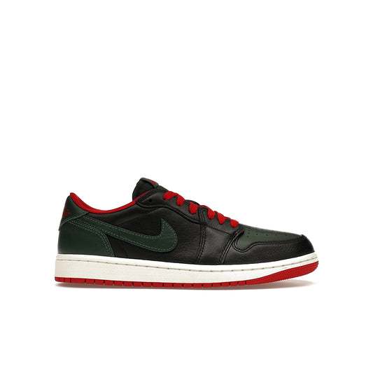 Jordan 1 Retro Low OG women's shoe in black, gorge green, varsity red and sail accents