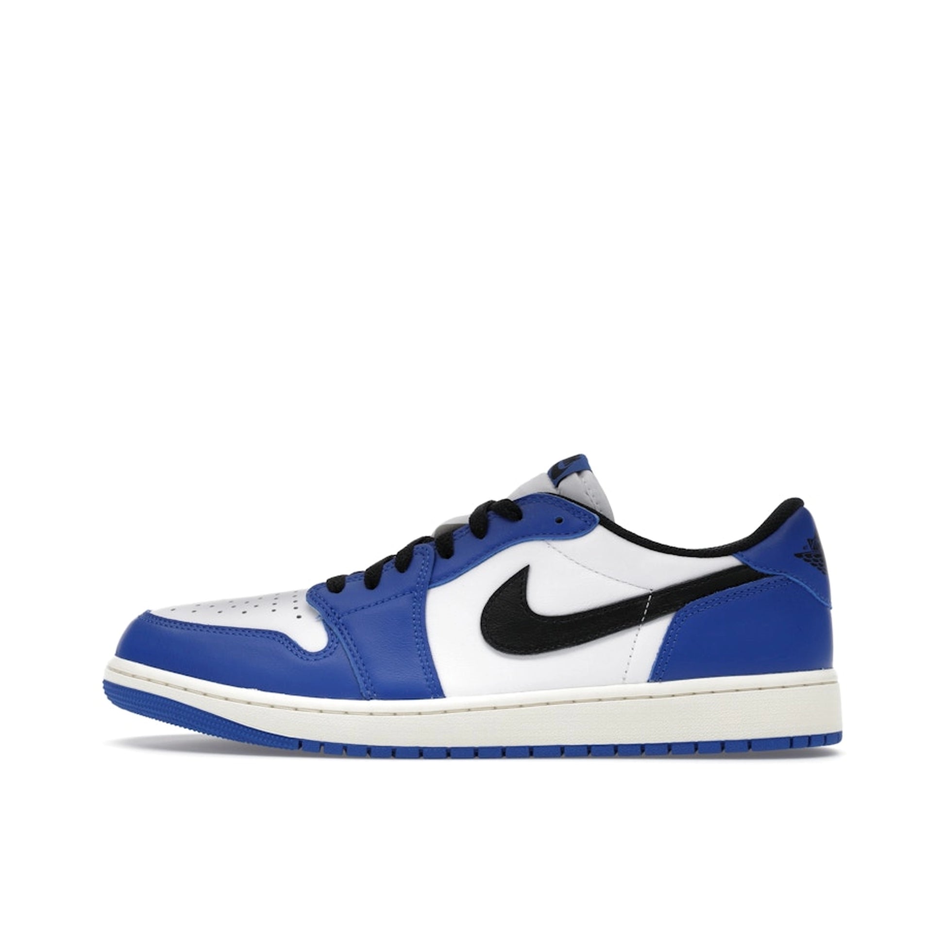Jordan 1 Retro Low OG Game Royal, side view, in white and royal blue with black Swoosh.