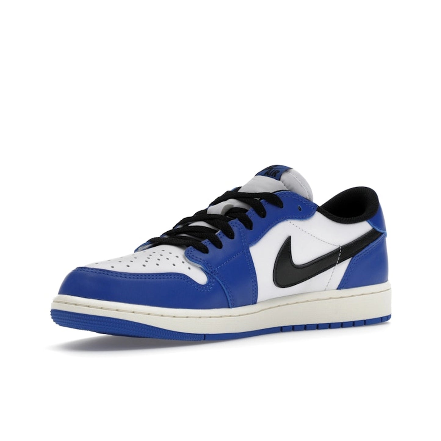 Jordan 1 Retro Low OG Game Royal, front view, in white and royal blue with black Swoosh.