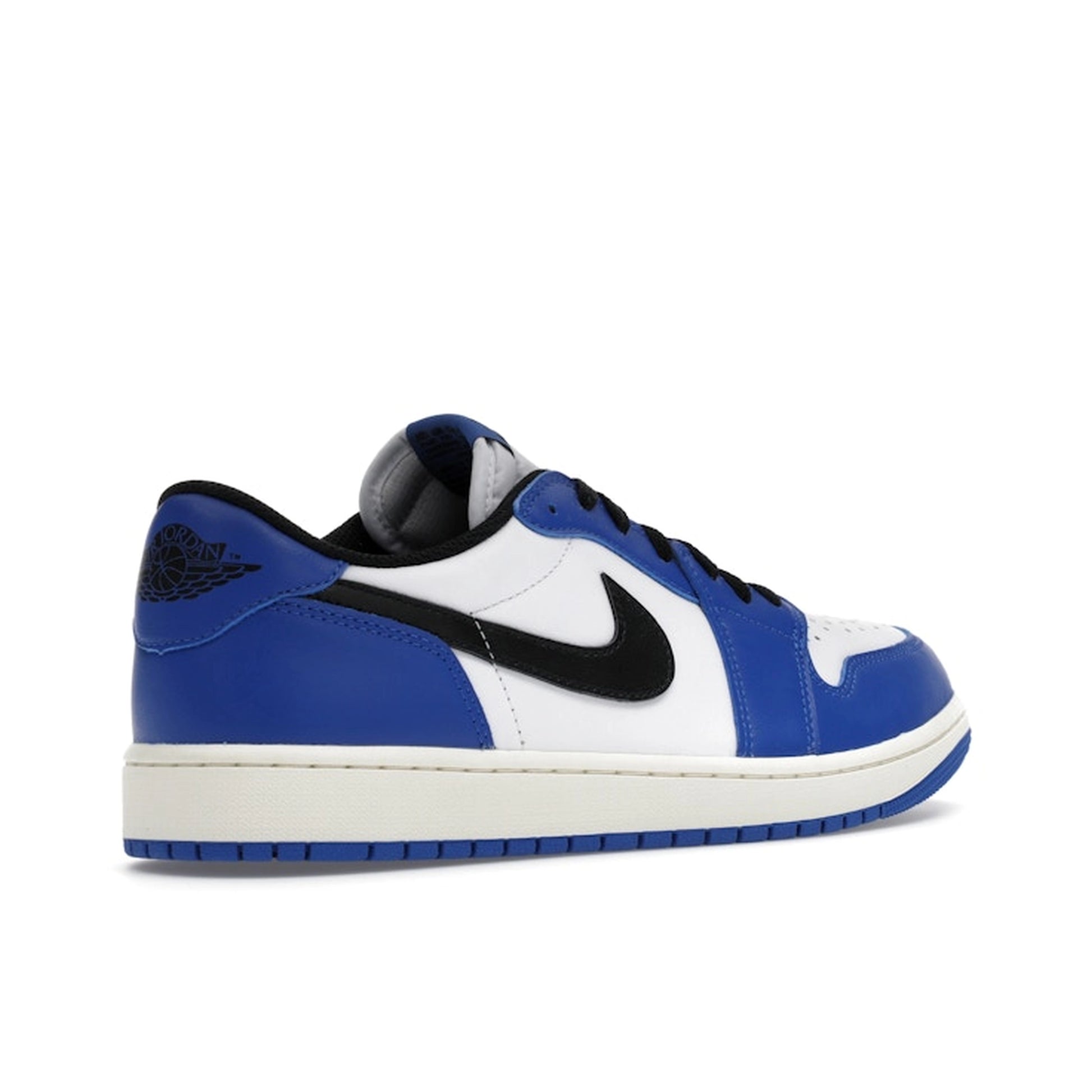 Jordan 1 Retro Low OG Game Royal, back view, in white and royal blue with black Swoosh.