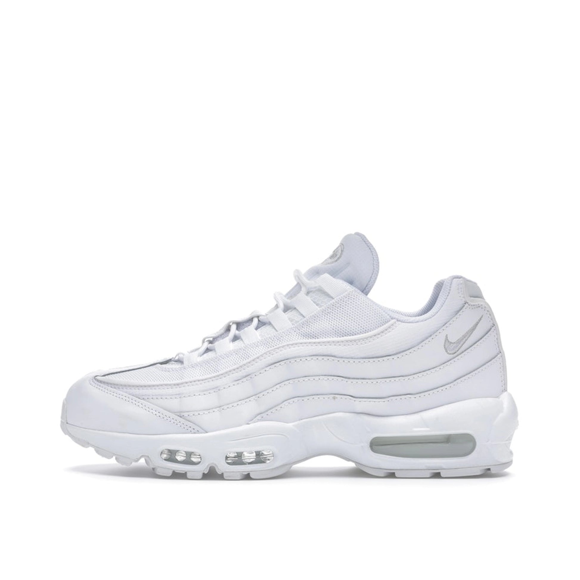 Nike Air Max 95 Essential, side view, in clean white with grey fog gradient details.