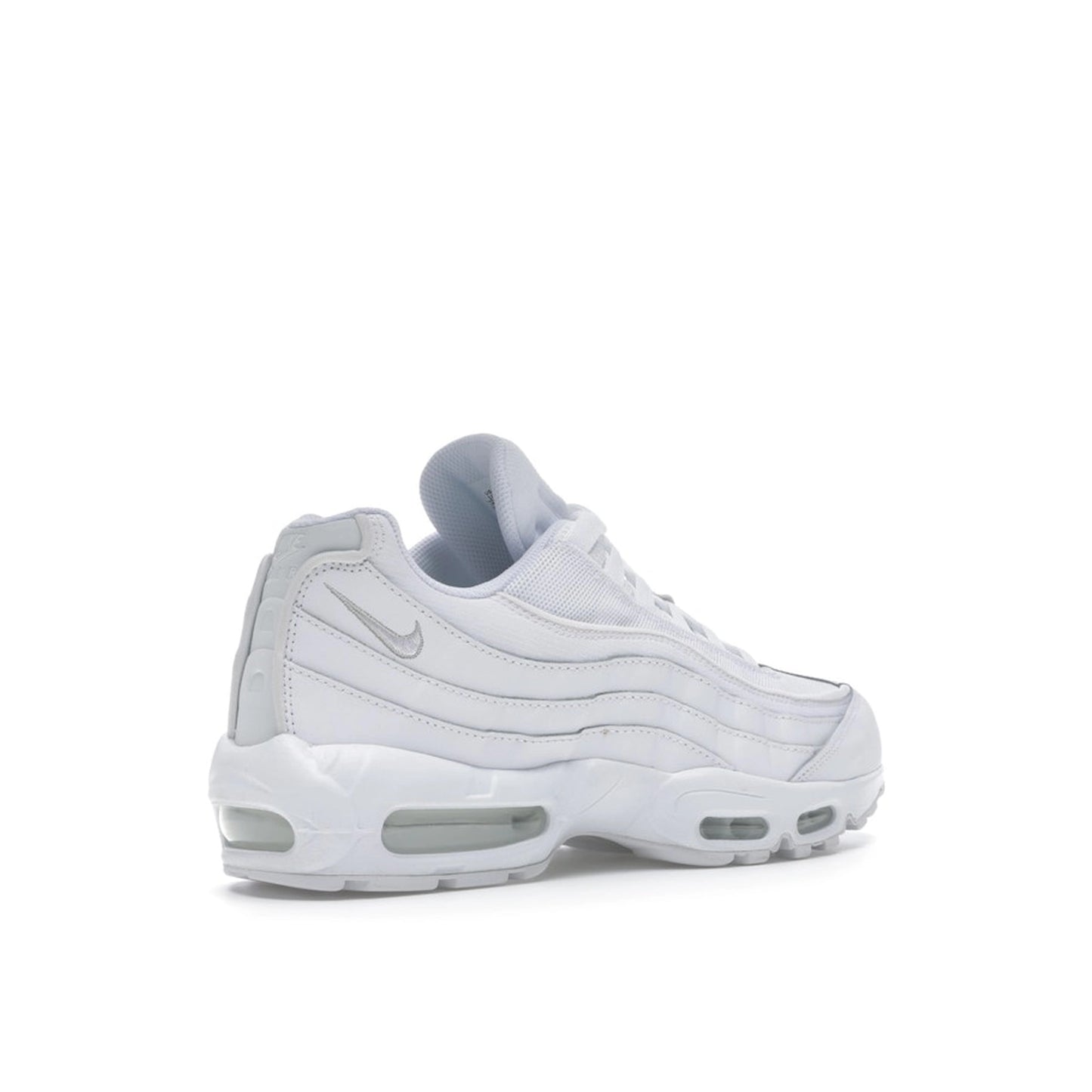 Nike Air Max 95 Essential, back view, in clean white with grey fog gradient details.