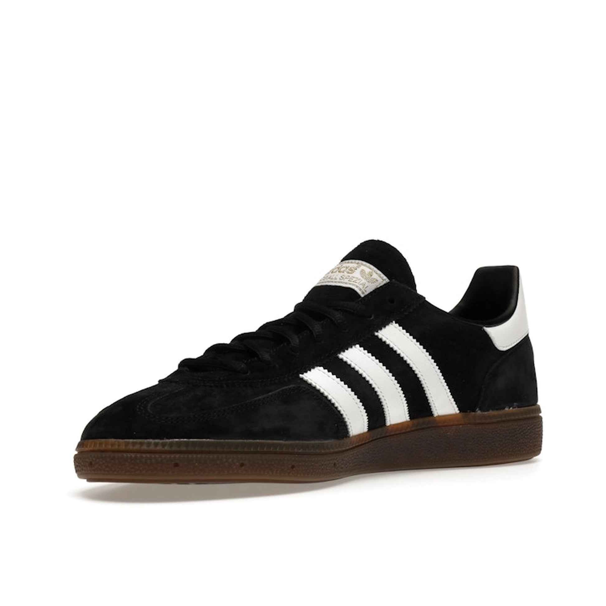 Adidas Handball Spezial sneakers, front view, model DB3021, black with gum sole.