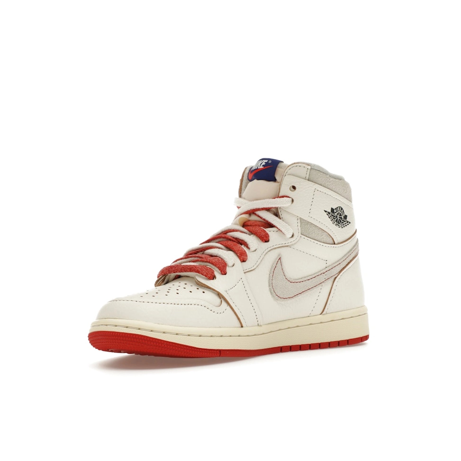 Jordan 1 Retro High Rare Air Sail Cinnabar, front view, with white leather upper and red accents.