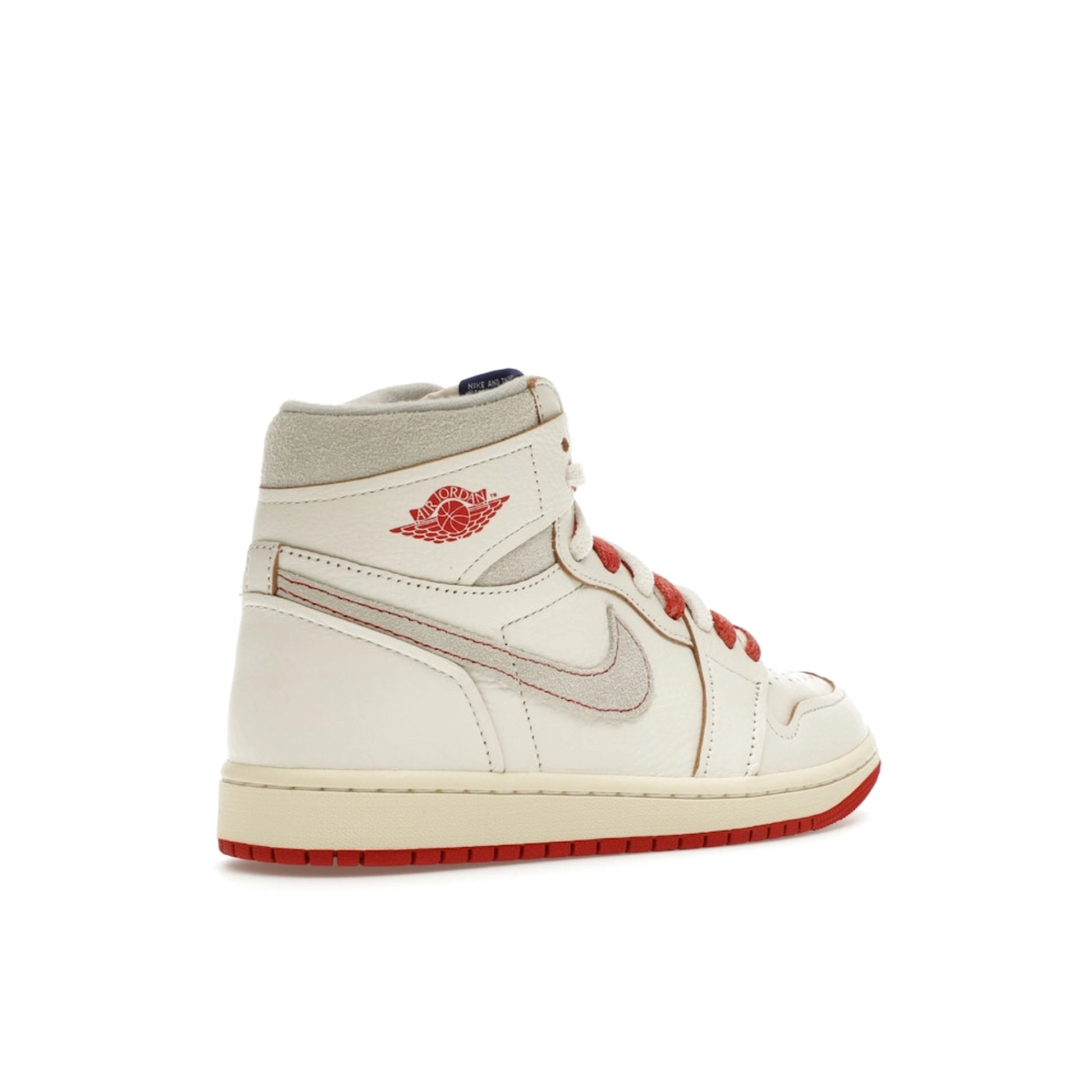 Jordan 1 Retro High Rare Air Sail Cinnabar, back view, with white leather upper and red accents.