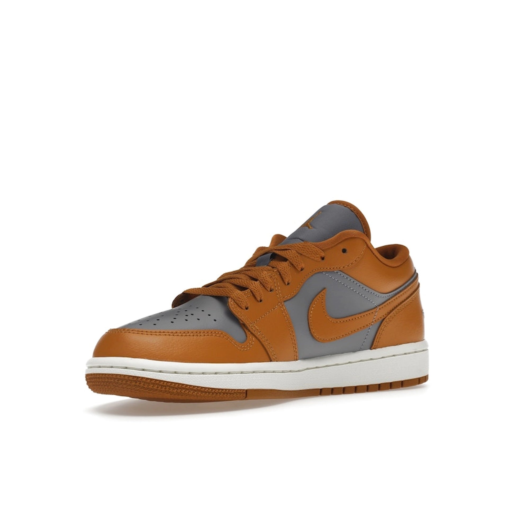 Air Jordan 1 Low Women’s sneakers, front view, in cement grey with chutney yellow accents.