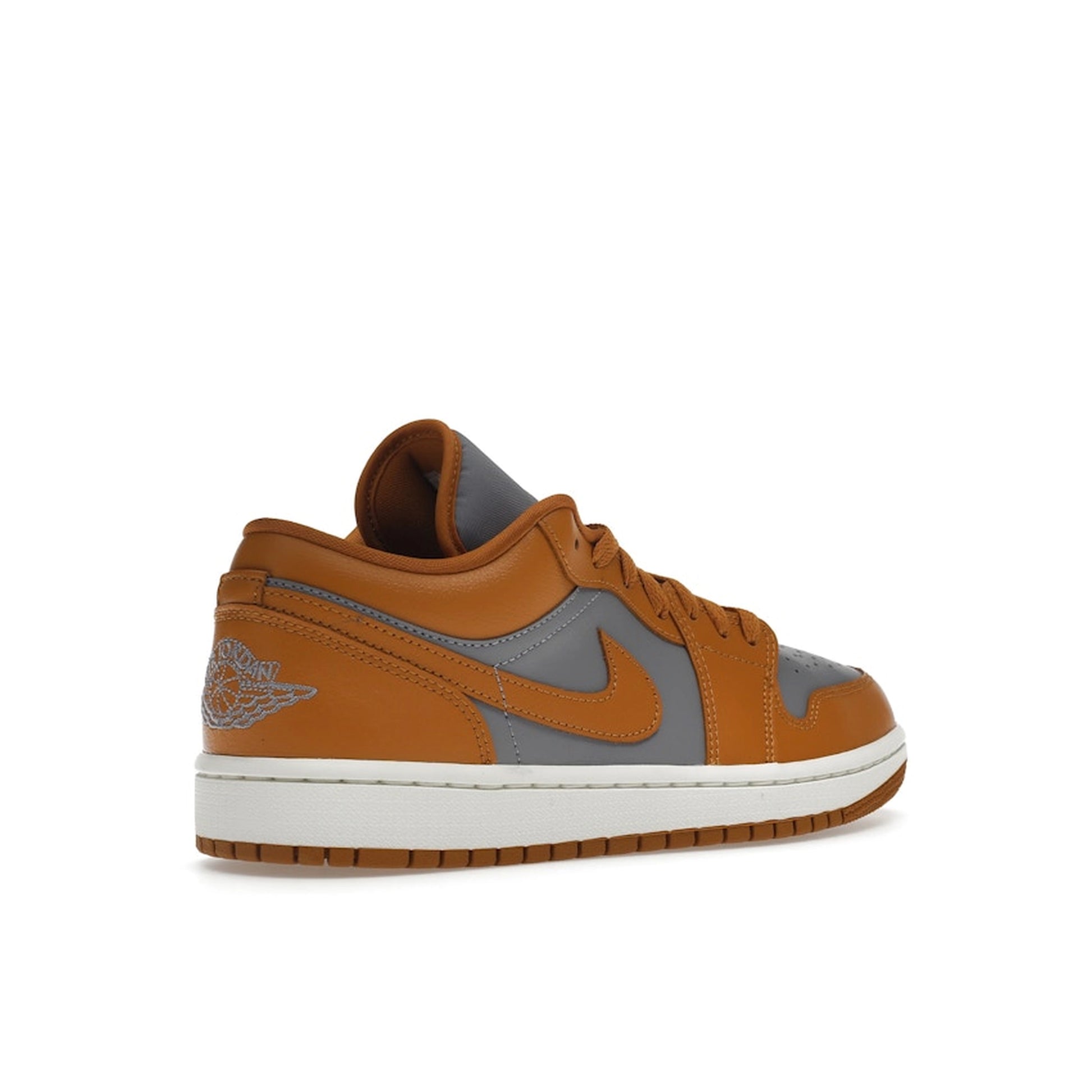 Air Jordan 1 Low Women’s sneakers, back view, in cement grey with chutney yellow accents.