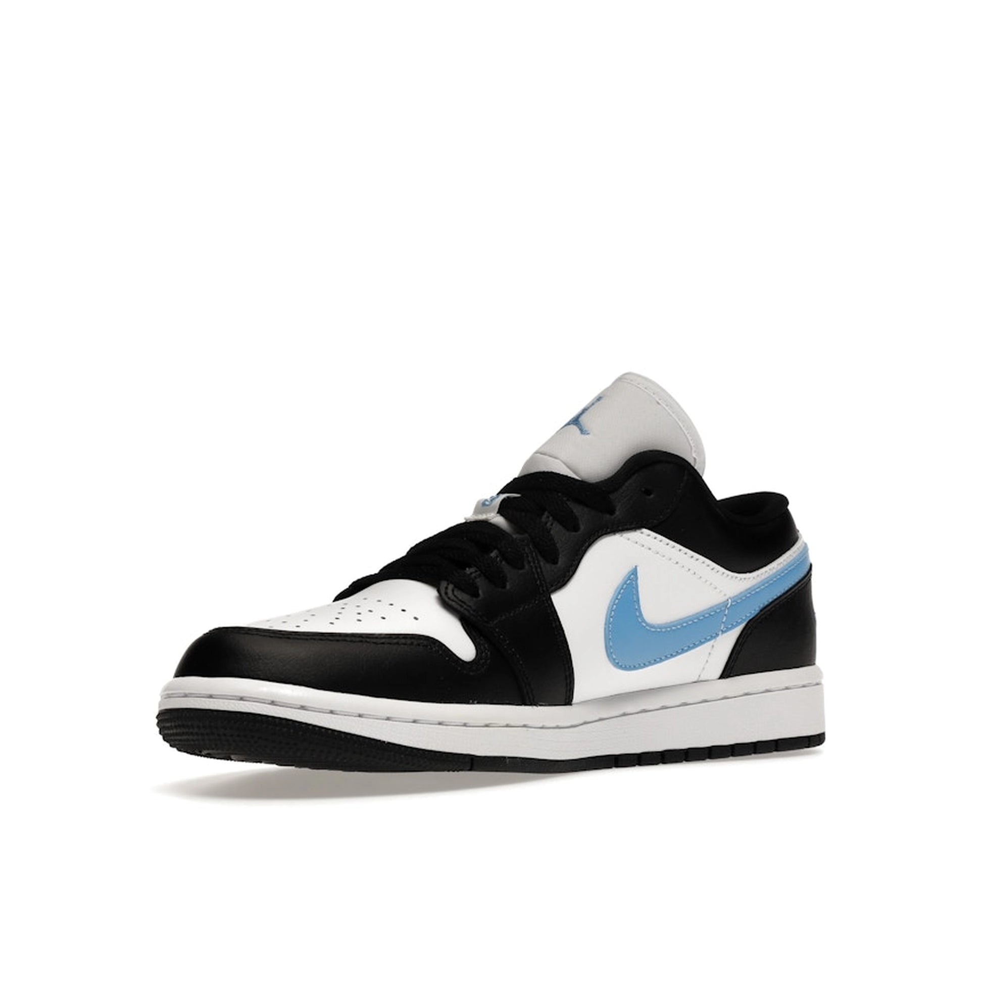 Jordan 1 Low Women’s sneakers, front view, in black with university blue and white accents.