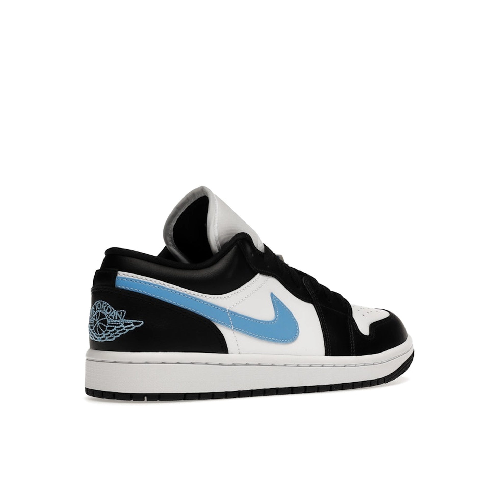 Jordan 1 Low Women’s sneakers, back view, in black with university blue and white accents.