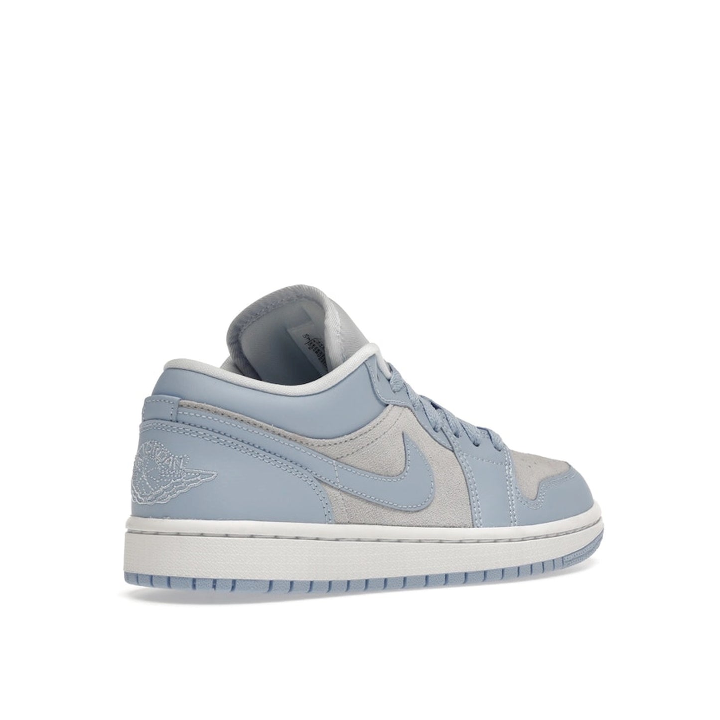 Jordan 1 Low, back view, in football grey with contrasting aluminum tones.