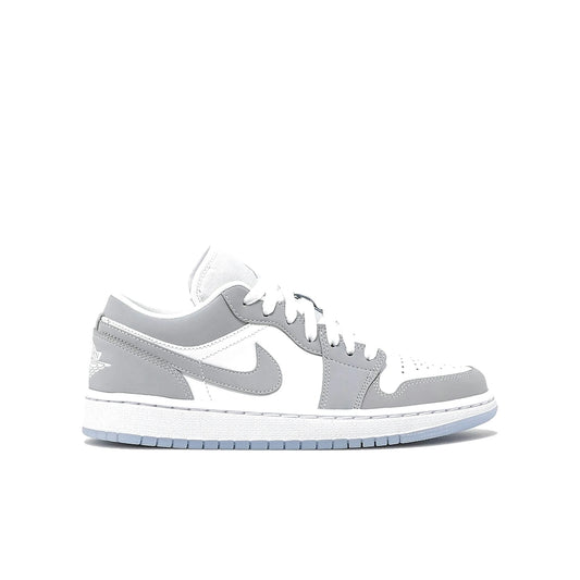 Jordan 1 Low Wolf Grey women's shoes in white and wolf grey with aluminium accents