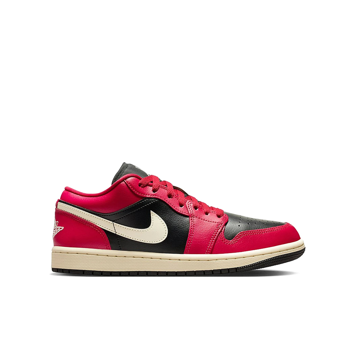 Jordan 1 Low Mystic Hibiscus Black women's leather sneaker, black and coconut milk accents