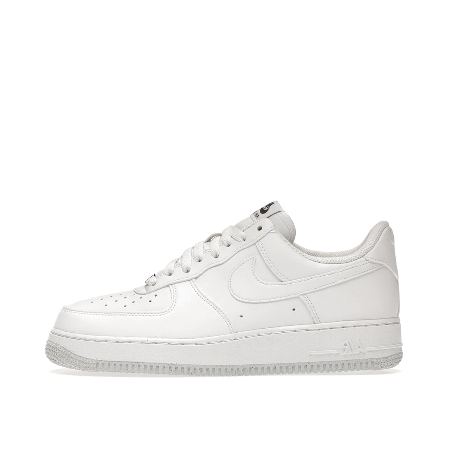 Nike Air Force 1 Low Next Nature Women's sneakers, side view, model DC9486-101, in white with metallic grey details.