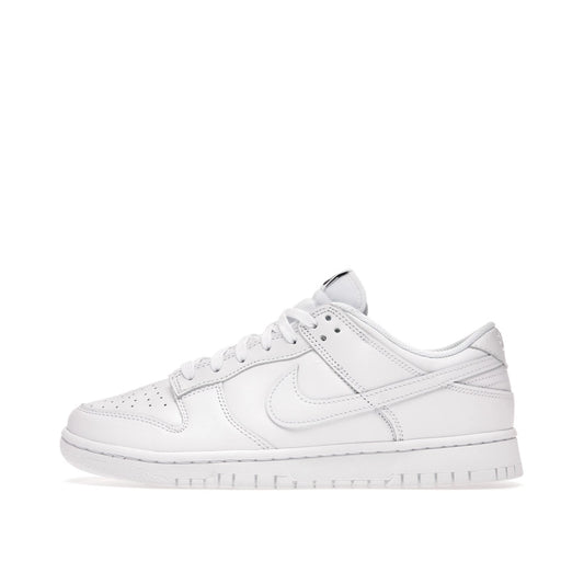 Nike Dunk Low Triple White (2021) Women's sneakers, side view, model DD1503-109, in triple white.