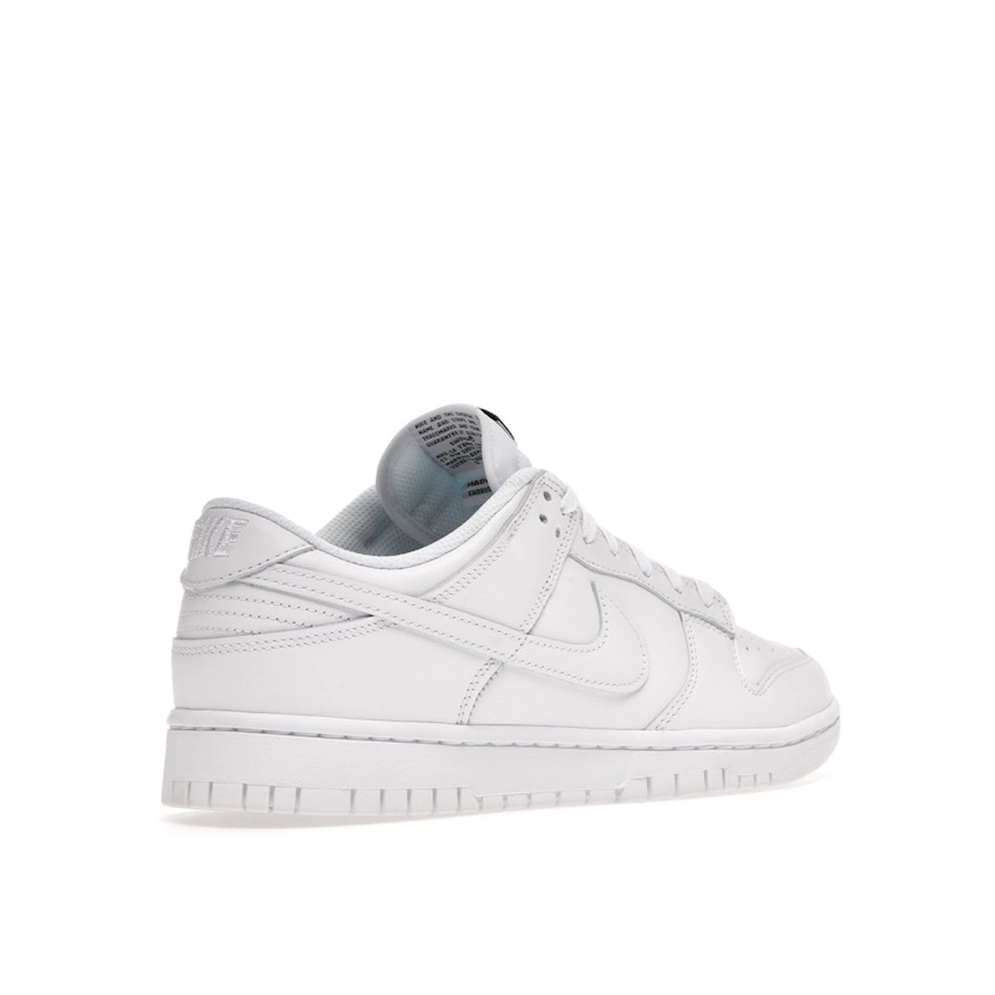 Nike Dunk Low Triple White (2021) Women's sneakers, back view, model DD1503-109, in triple white.