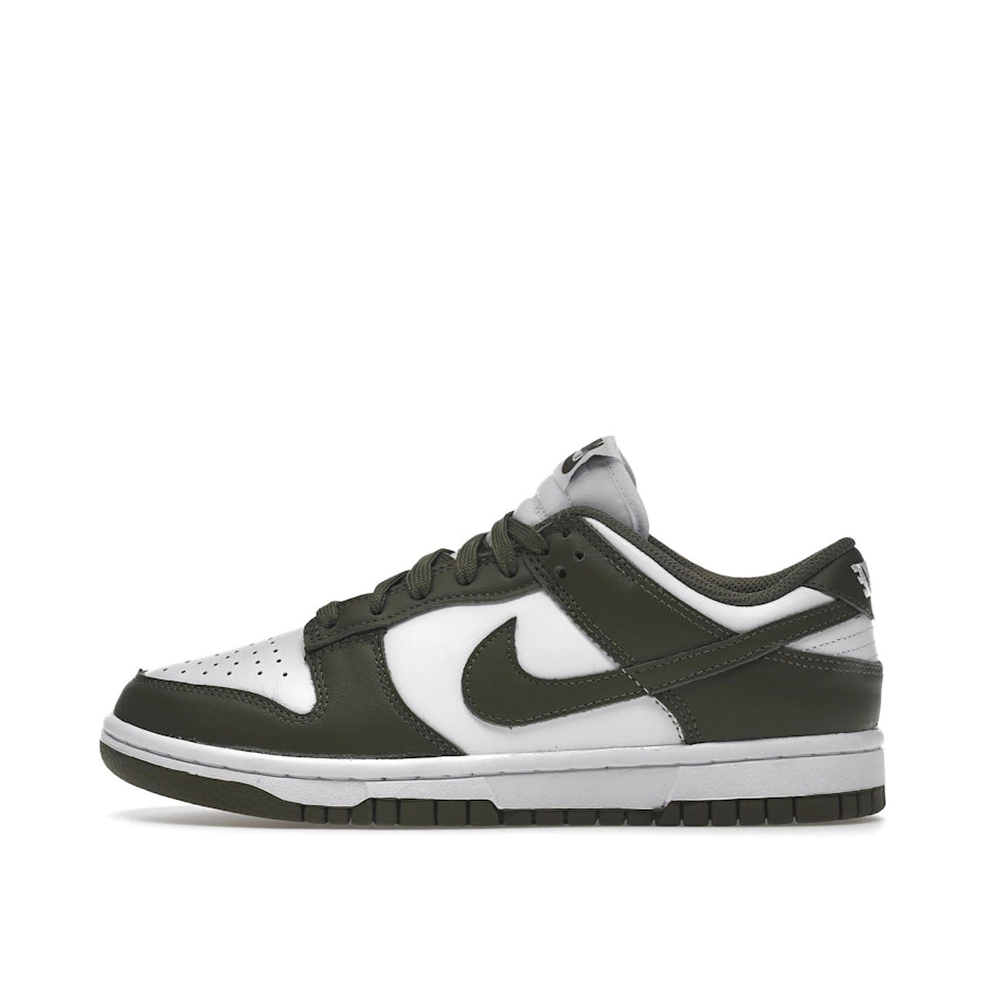 Nike Dunk Low Women's sneakers, side view, model DD1503-120 in medium olive with white details.