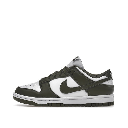 Nike Dunk Low Women's sneakers, side view, model DD1503-120 in medium olive with white details.