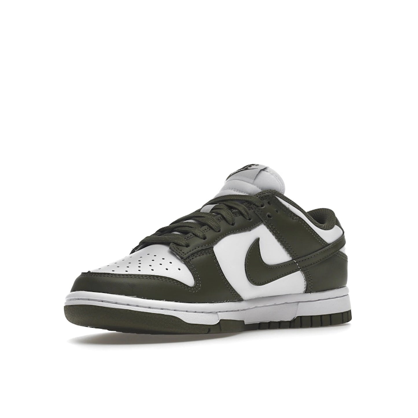 Nike Dunk Low Women's sneakers, front view, model DD1503-120 in medium olive with white details.