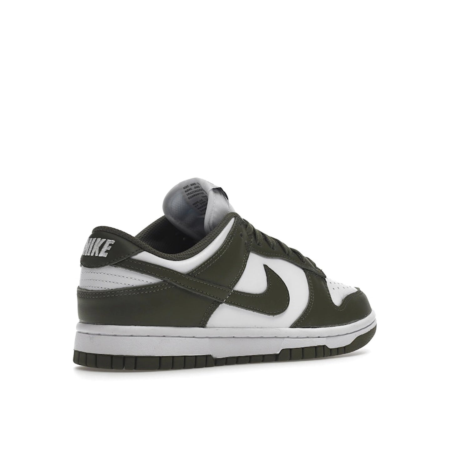 Nike Dunk Low Women's sneakers, back view, model DD1503-120 in medium olive with white details.