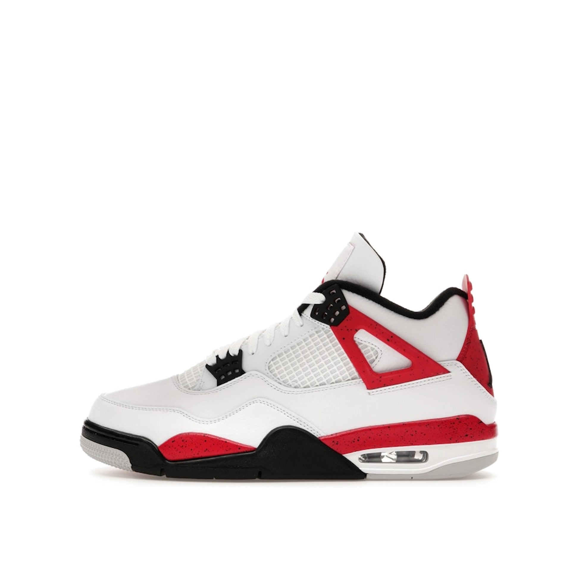 Air Jordan 4 Retro Red Cement sneakers, side view, model DH6927-161, featuring a white base with red and black highlights.