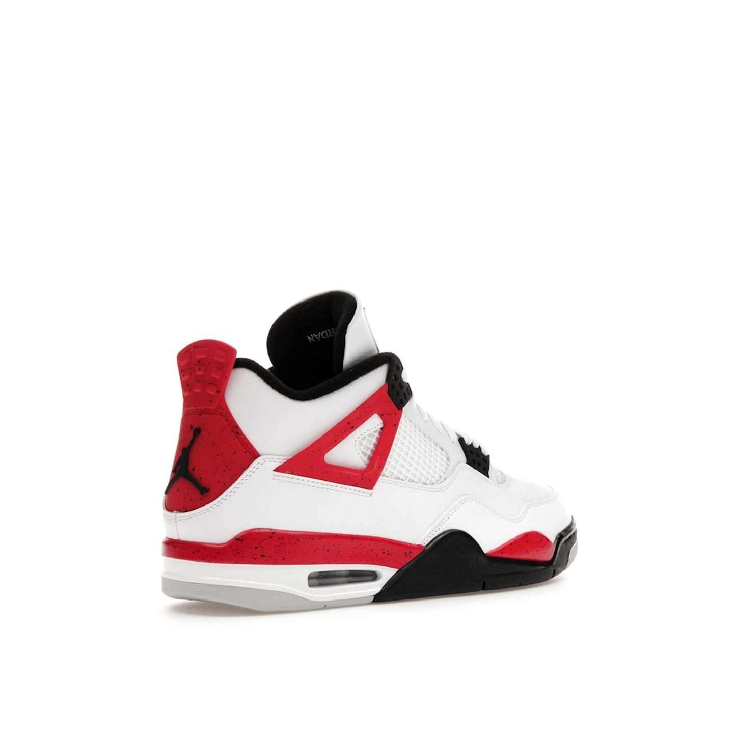 Air Jordan 4 Retro Red Cement sneakers, back view, model DH6927-161, featuring a white base with red and black highlights.