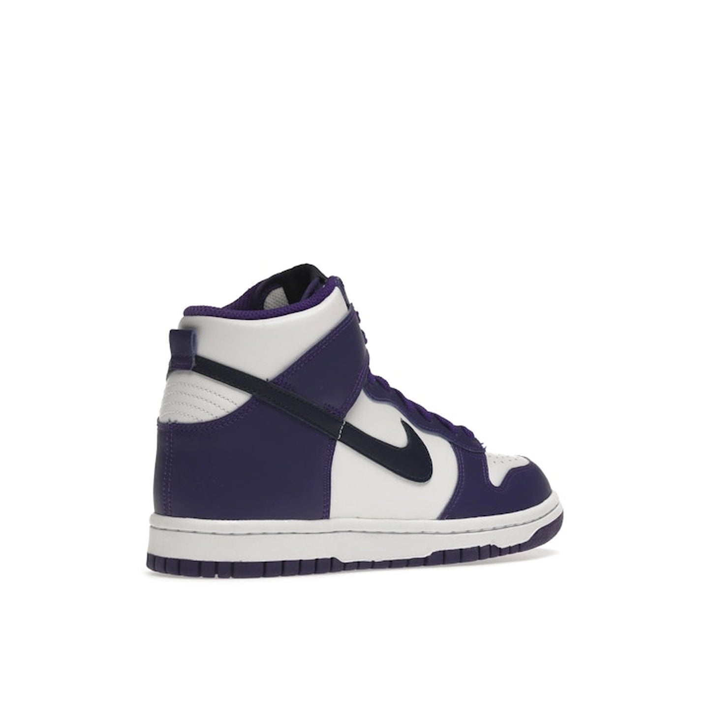 Nike Dunk High GS sneakers, back view, in white with midnight navy and electro purple accents.