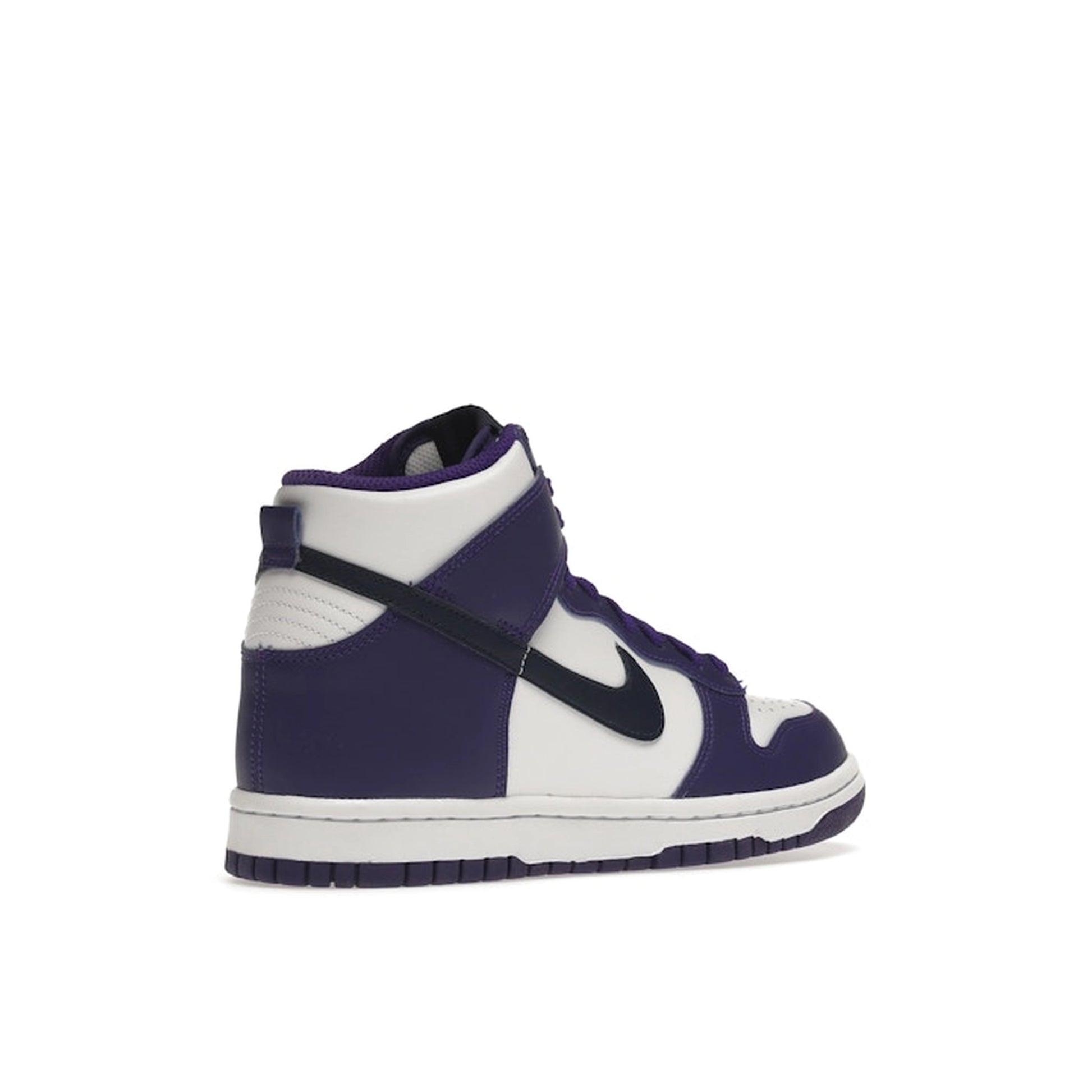 Nike Dunk High GS sneakers, back view, in white with midnight navy and electro purple accents.