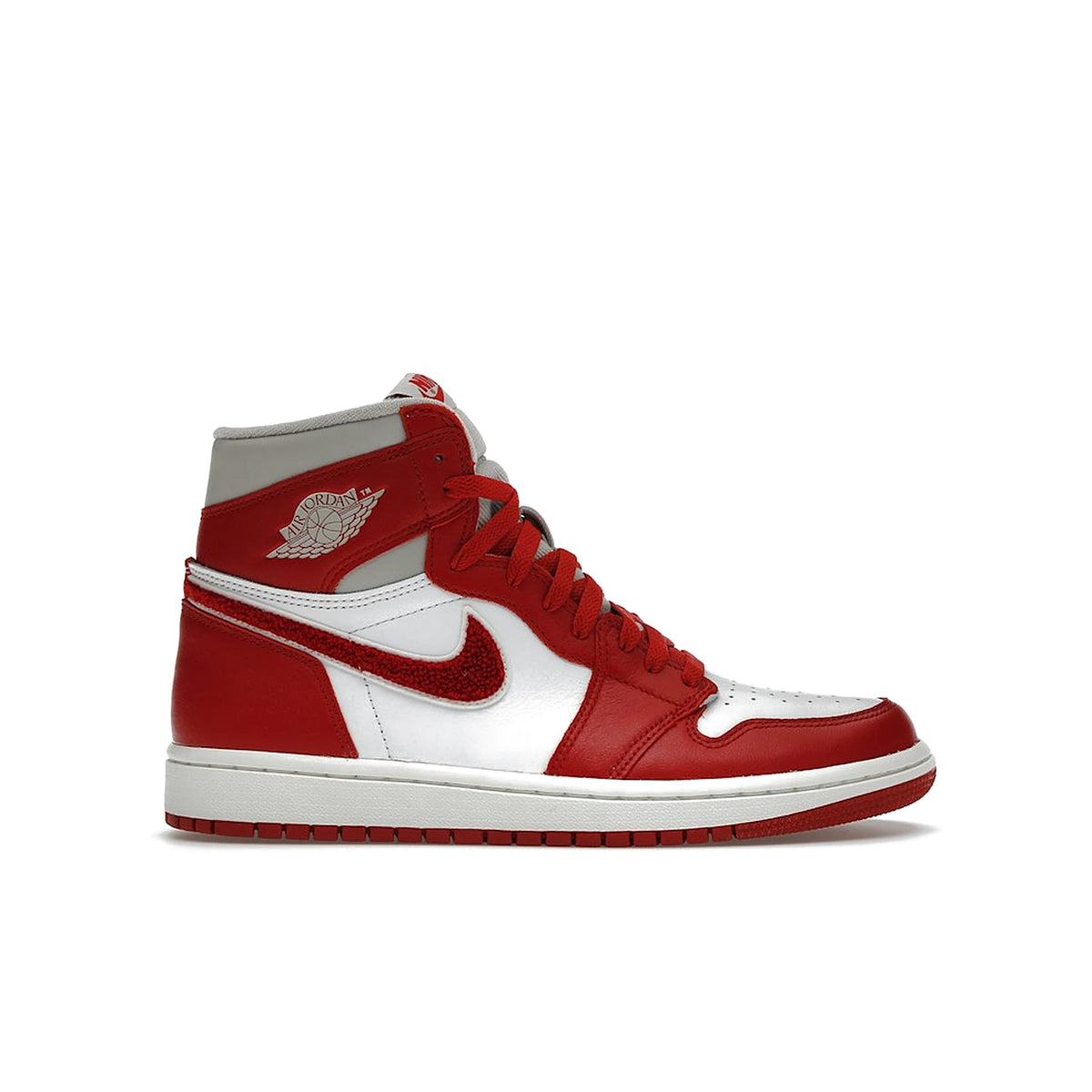 Jordan 1 Retro High OG Varsity Red women's leather shoe in Light Iron Ore/Varsity Red-Sail