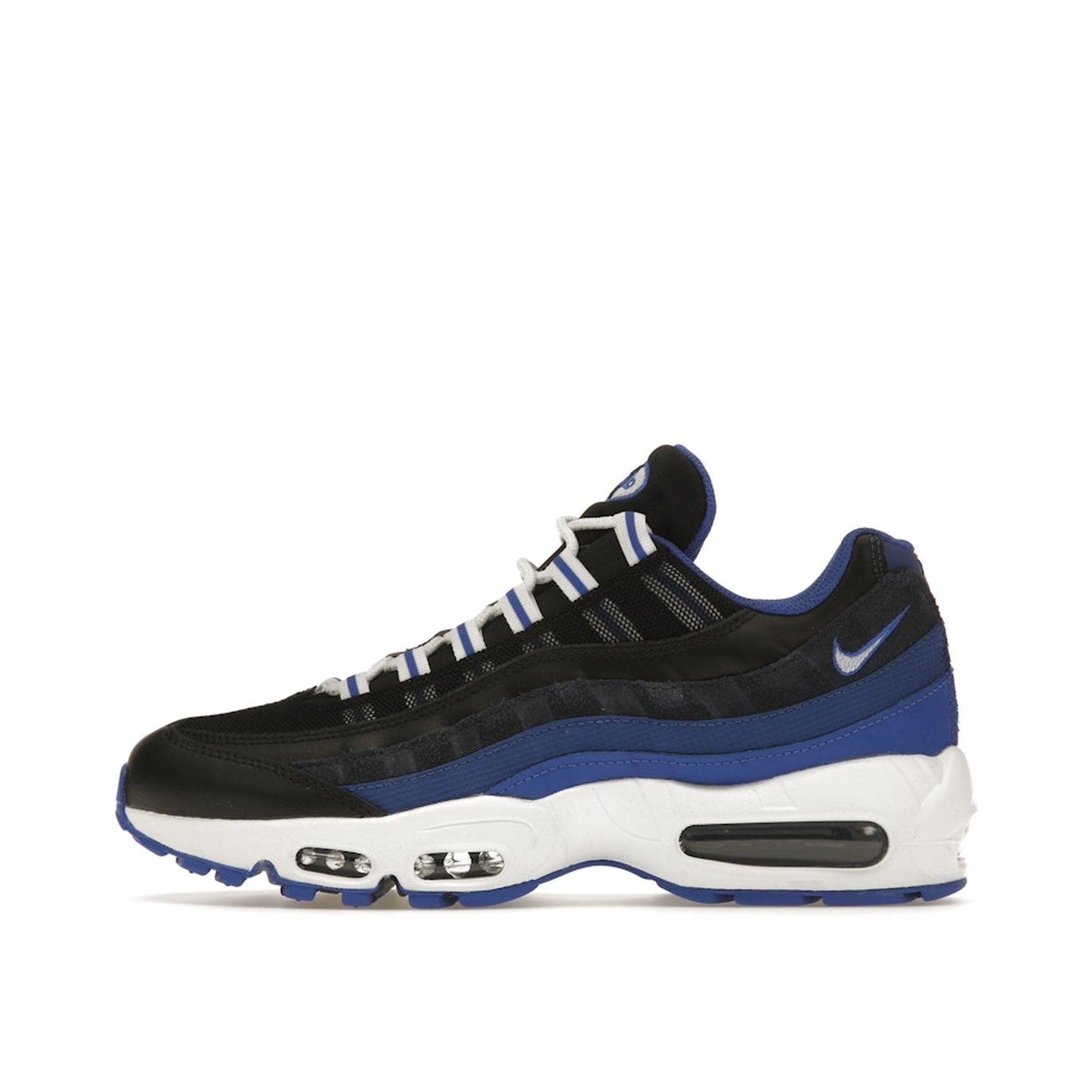 Nike Air Max 95 sneakers, side view, in black with team royal blue details.