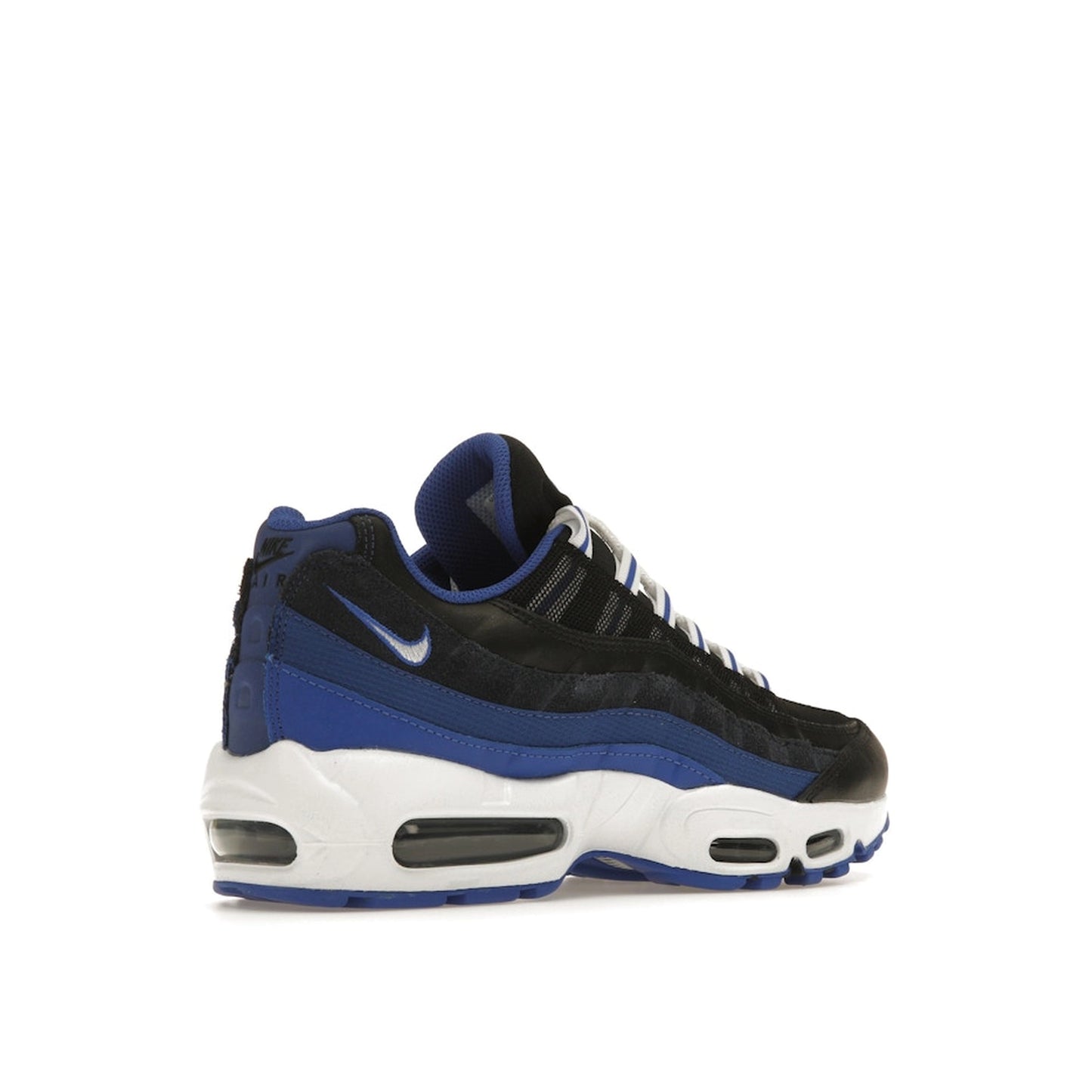 Nike Air Max 95 sneakers, back view, in black with team royal blue details.