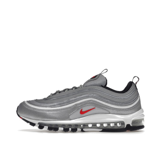 Nike Air Max 97 OG Silver Bullet 2022 sneakers, side view, model DM0028-002 in silver and red.