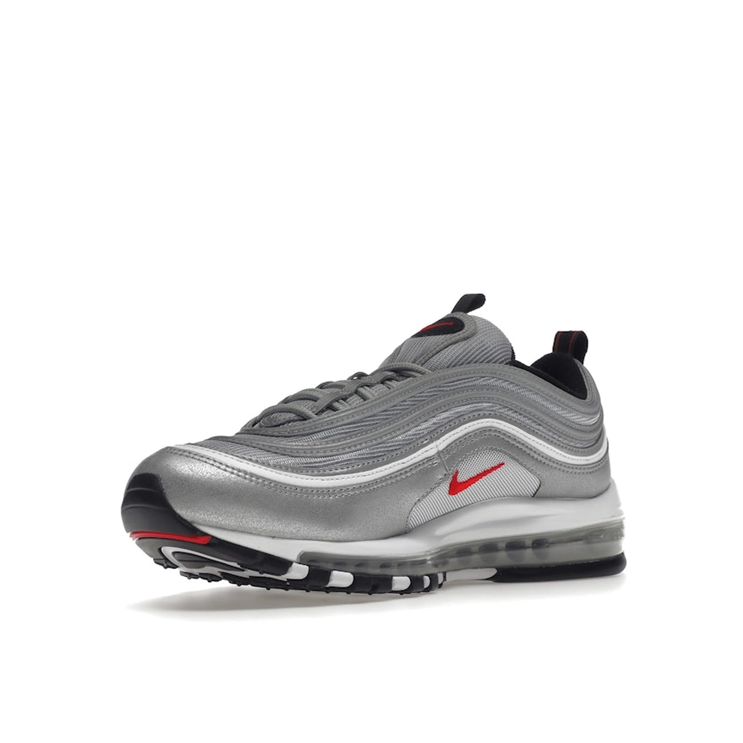 Nike Air Max 97 OG Silver Bullet 2022 sneakers, front view, model DM0028-002 in silver and red.