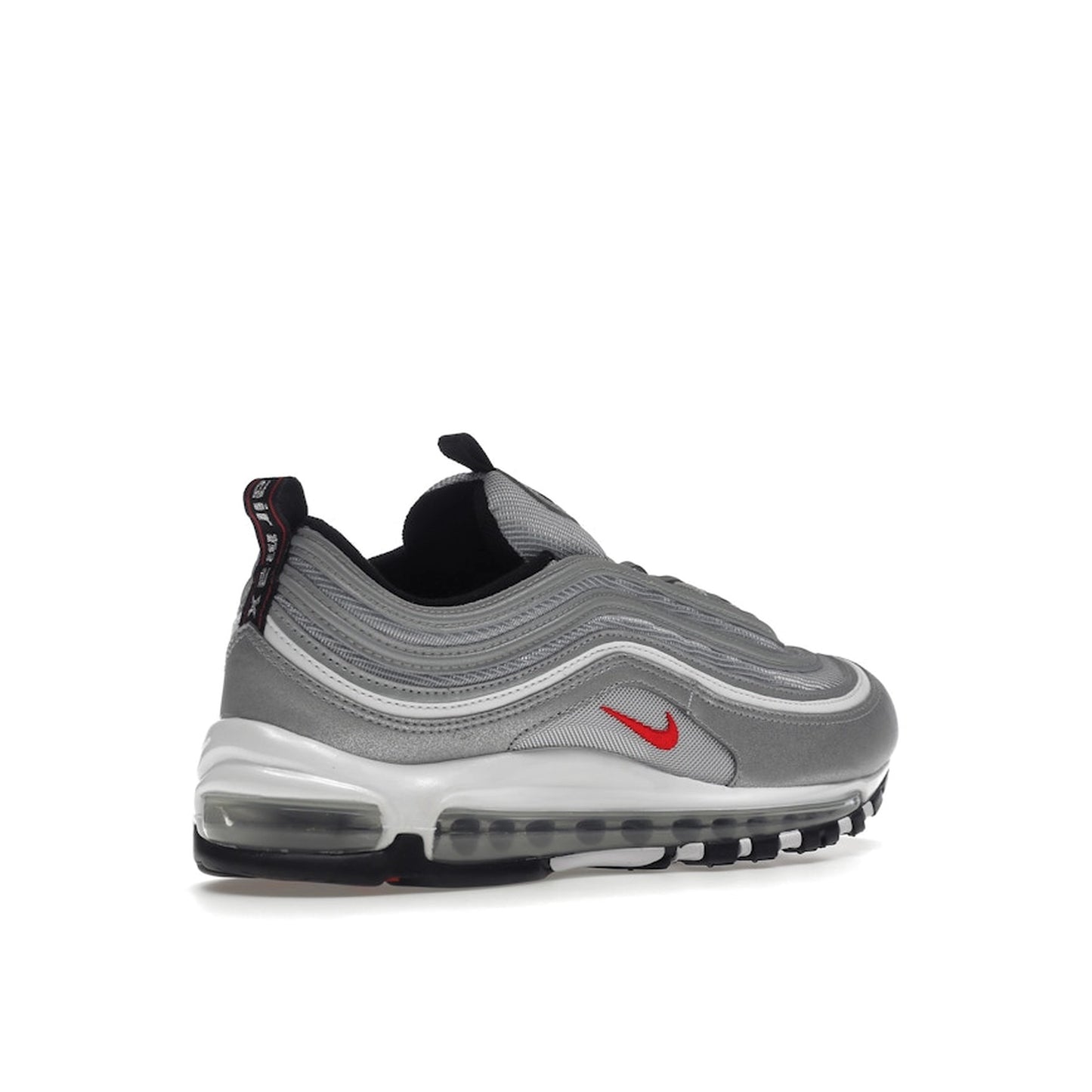 Nike Air Max 97 OG Silver Bullet 2022 sneakers, back view, model DM0028-002 in silver and red.