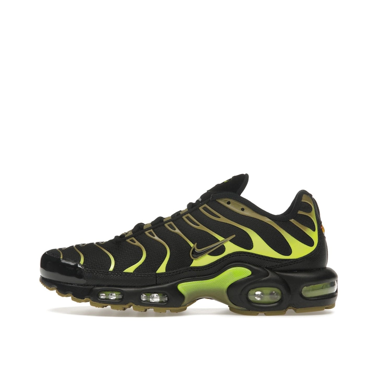 Nike Air Max Plus sneakers, side view, model DM0032-010, in black and olive green with pacific moss accents.