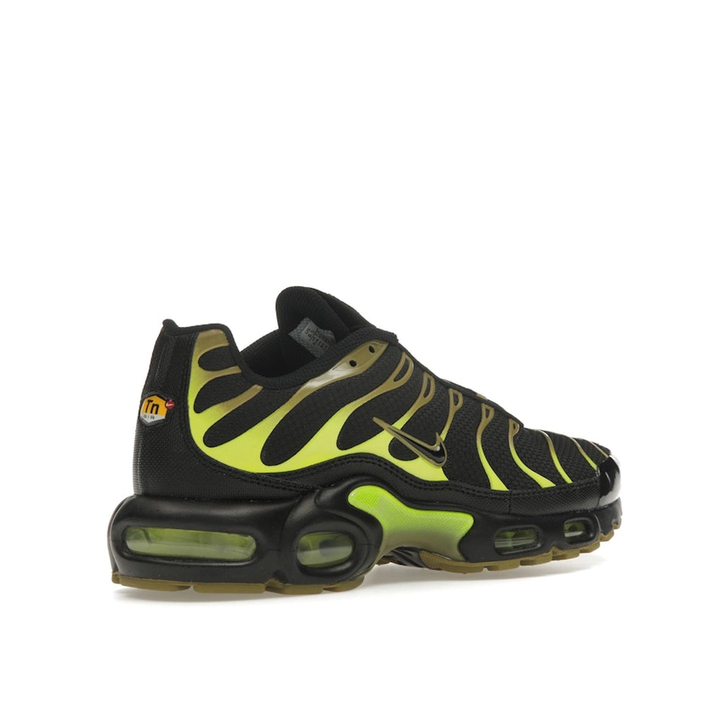 Nike Air Max Plus sneakers, back view, model DM0032-010, in black and olive green with pacific moss accents.