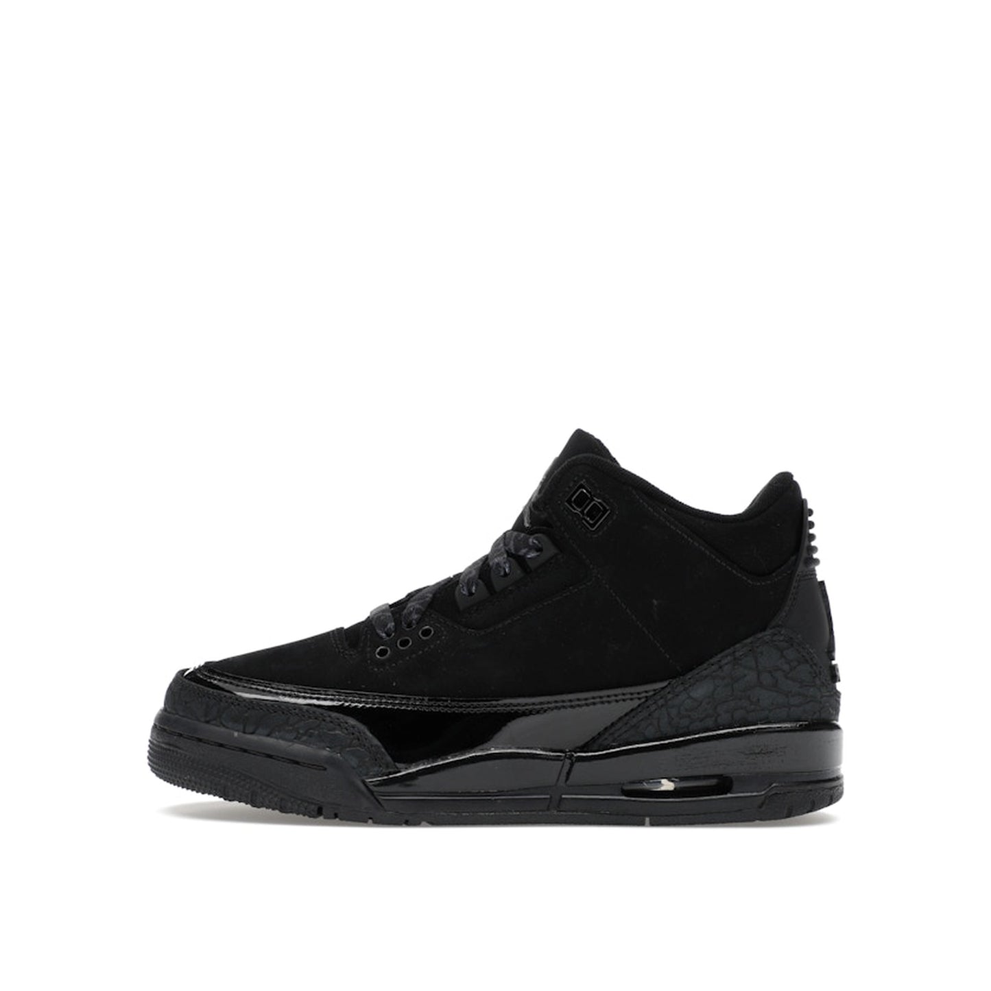 Jordan 3 Retro sneakers, side view, in black with tonal branding and classic midsole.