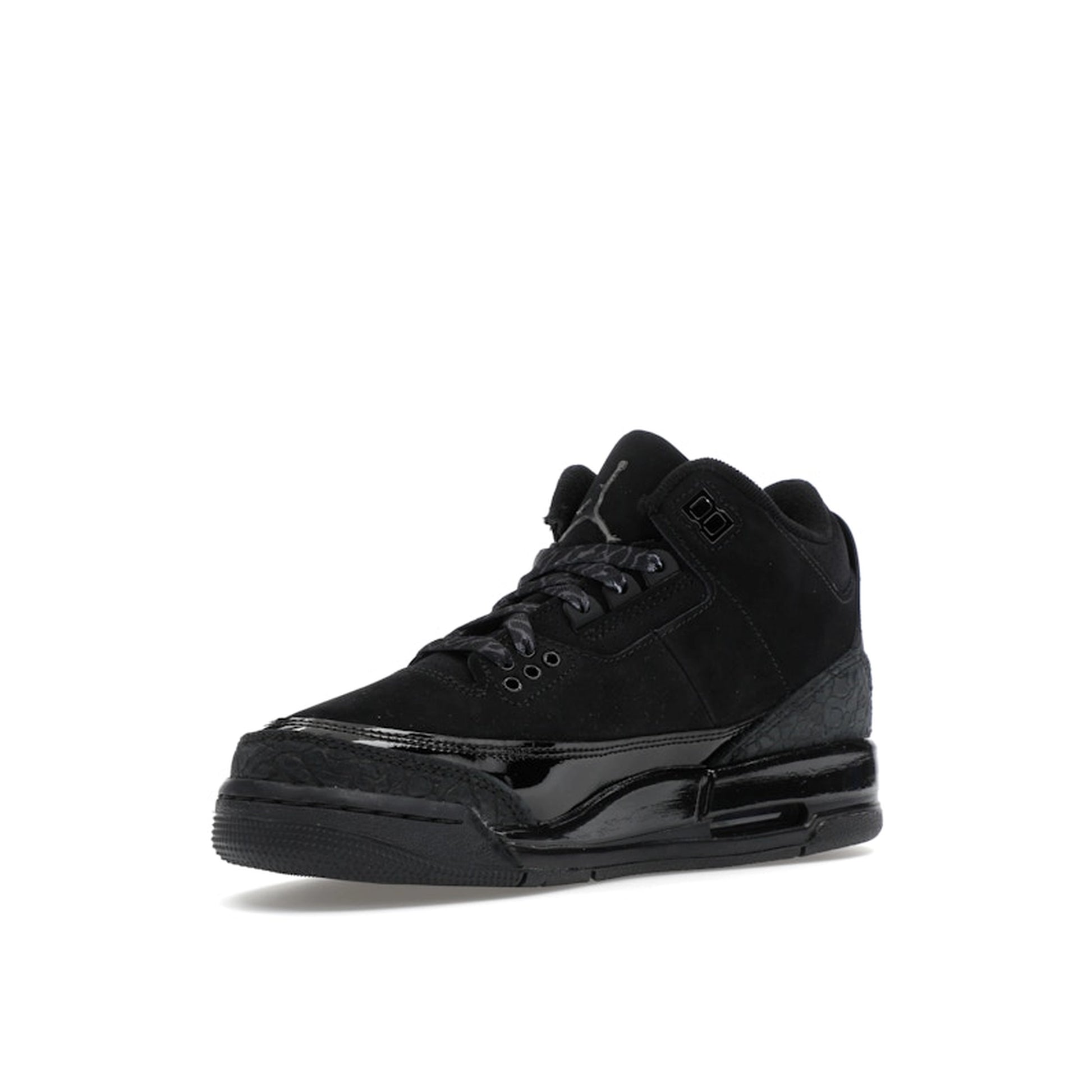 Jordan 3 Retro sneakers, front view, in black with tonal branding and classic midsole.