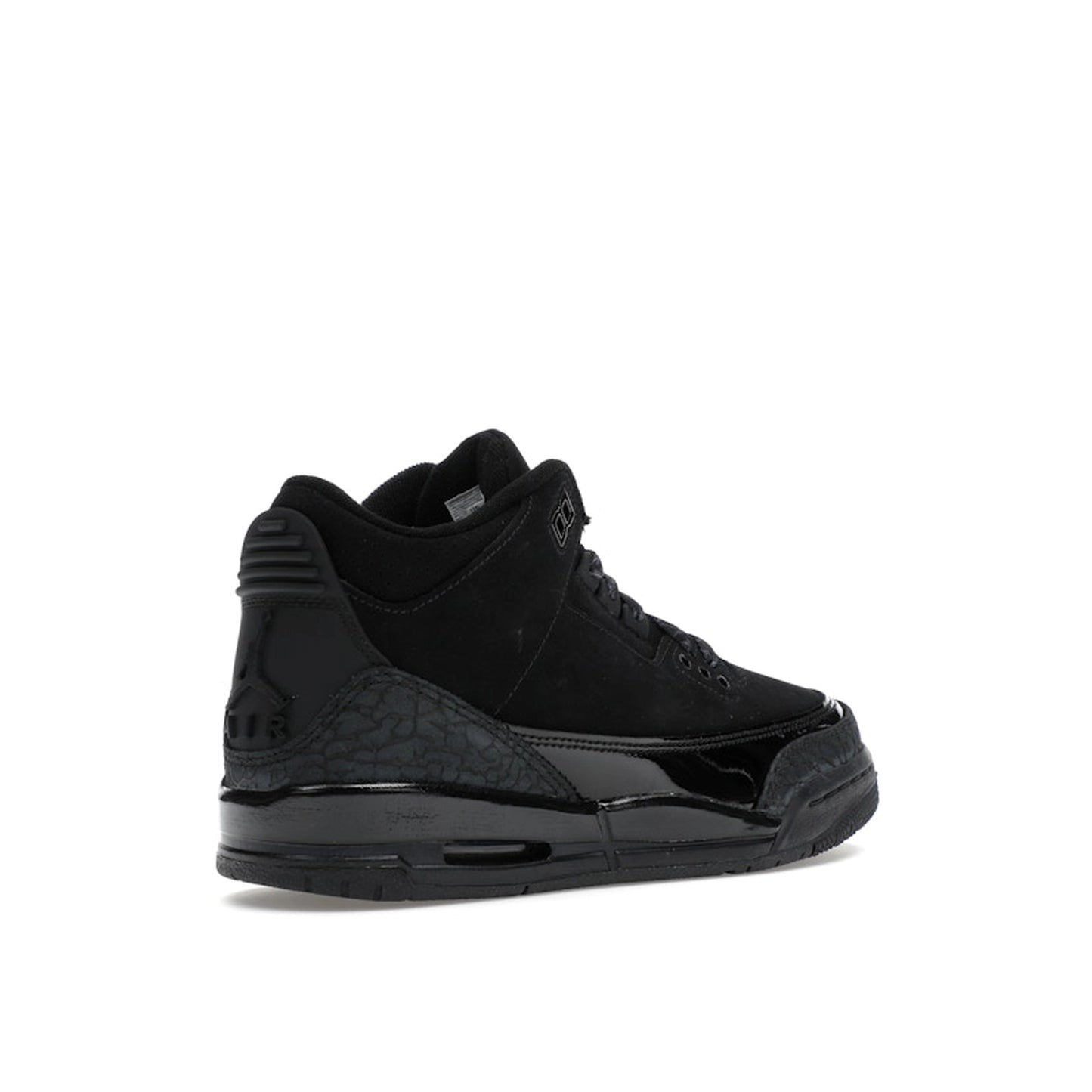 Jordan 3 Retro sneakers, back view, in black with tonal branding and classic midsole.