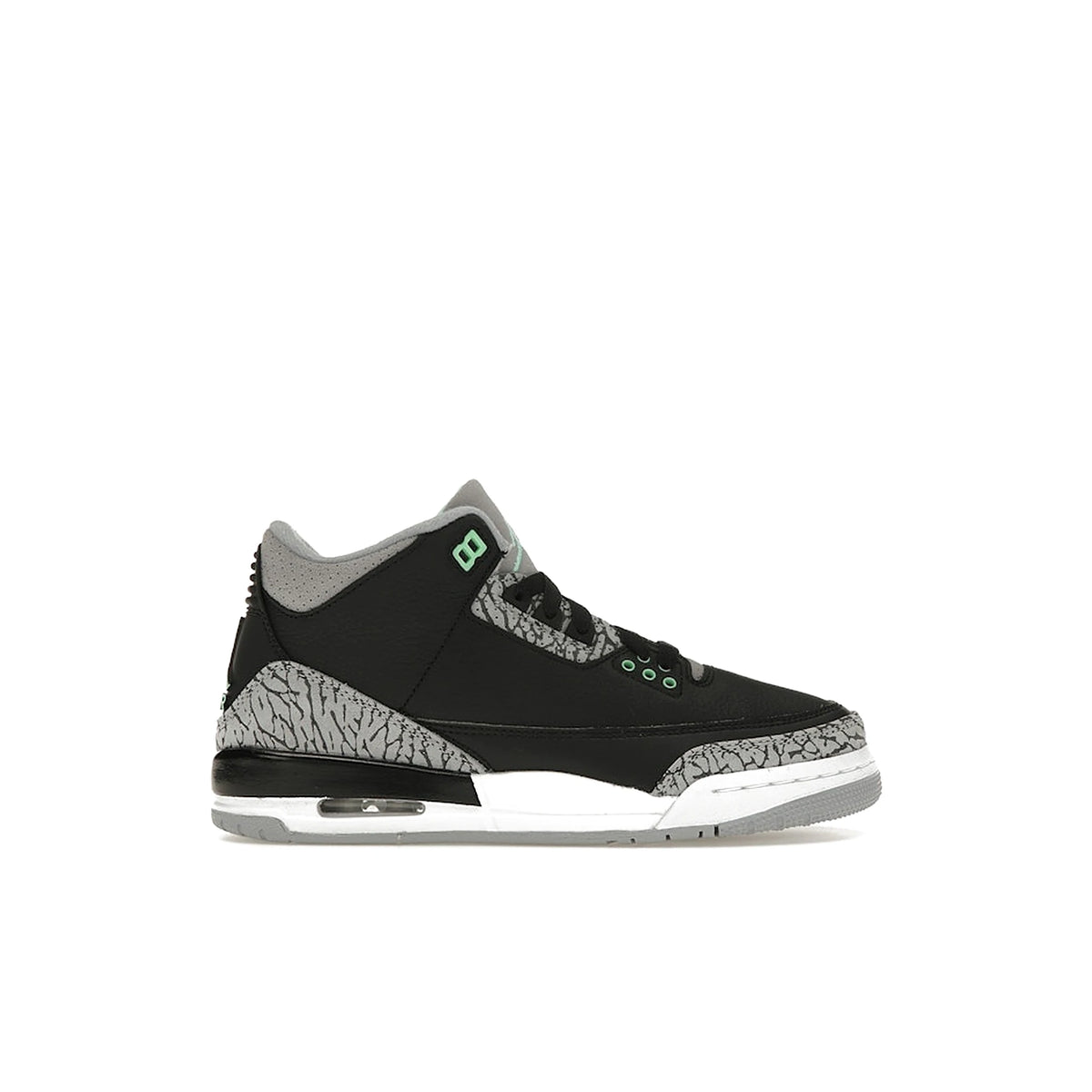 Jordan 3 Retro Green Glow kids sneaker in black, green glow, wolf grey and white leather