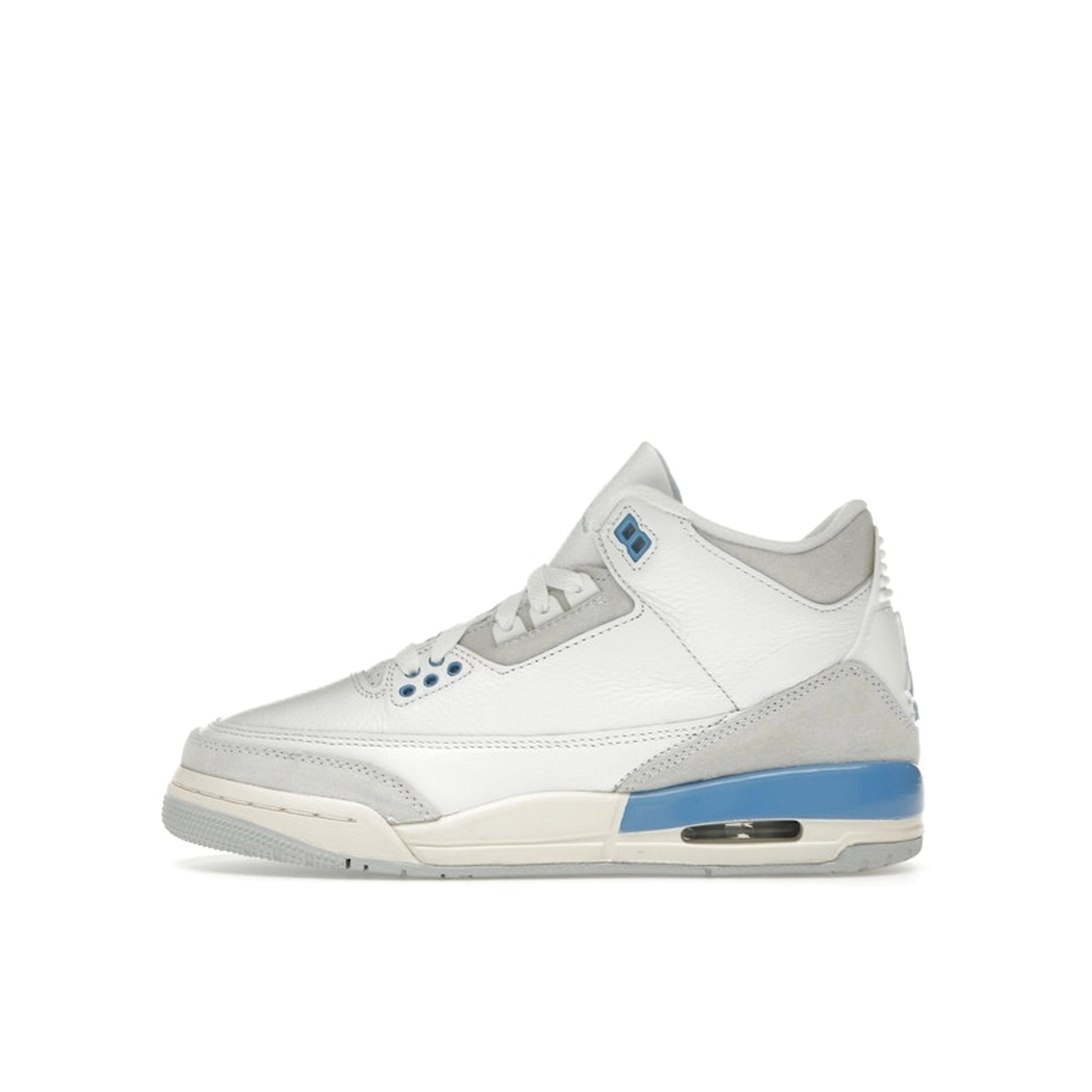 Jordan 3 Retro Lucky Shorts (GS), side view, white upper with vibrant crimson and teal details.