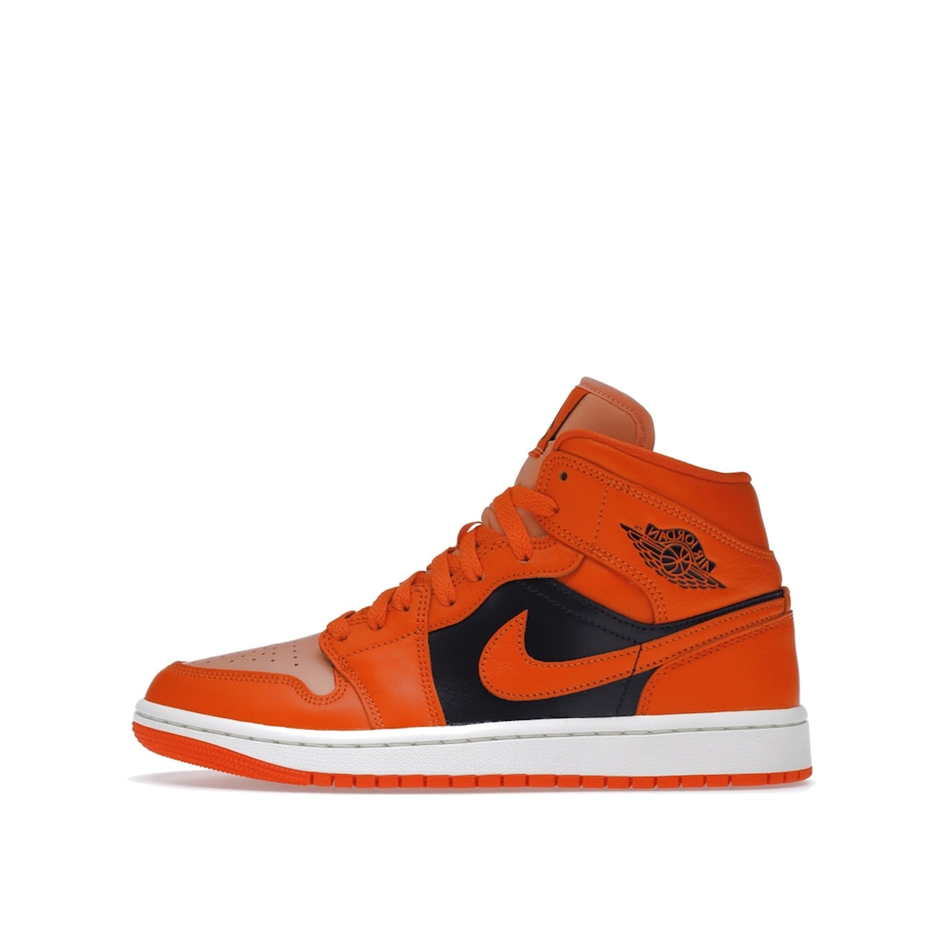 Jordan 1 Mid SE Women's sneakers, side view, model DM3381-600, rush orange with crimson bliss.