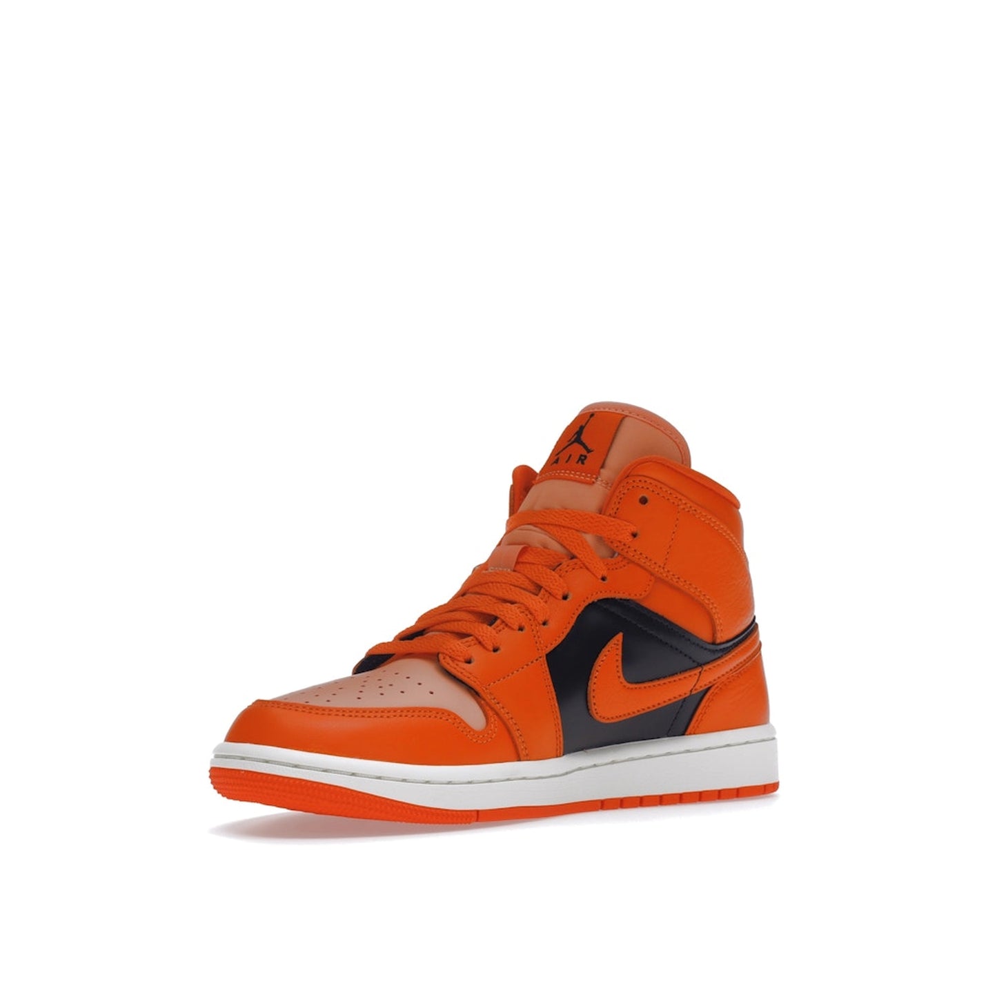 Jordan 1 Mid SE Women's sneakers, front view, model DM3381-600, rush orange with crimson bliss.