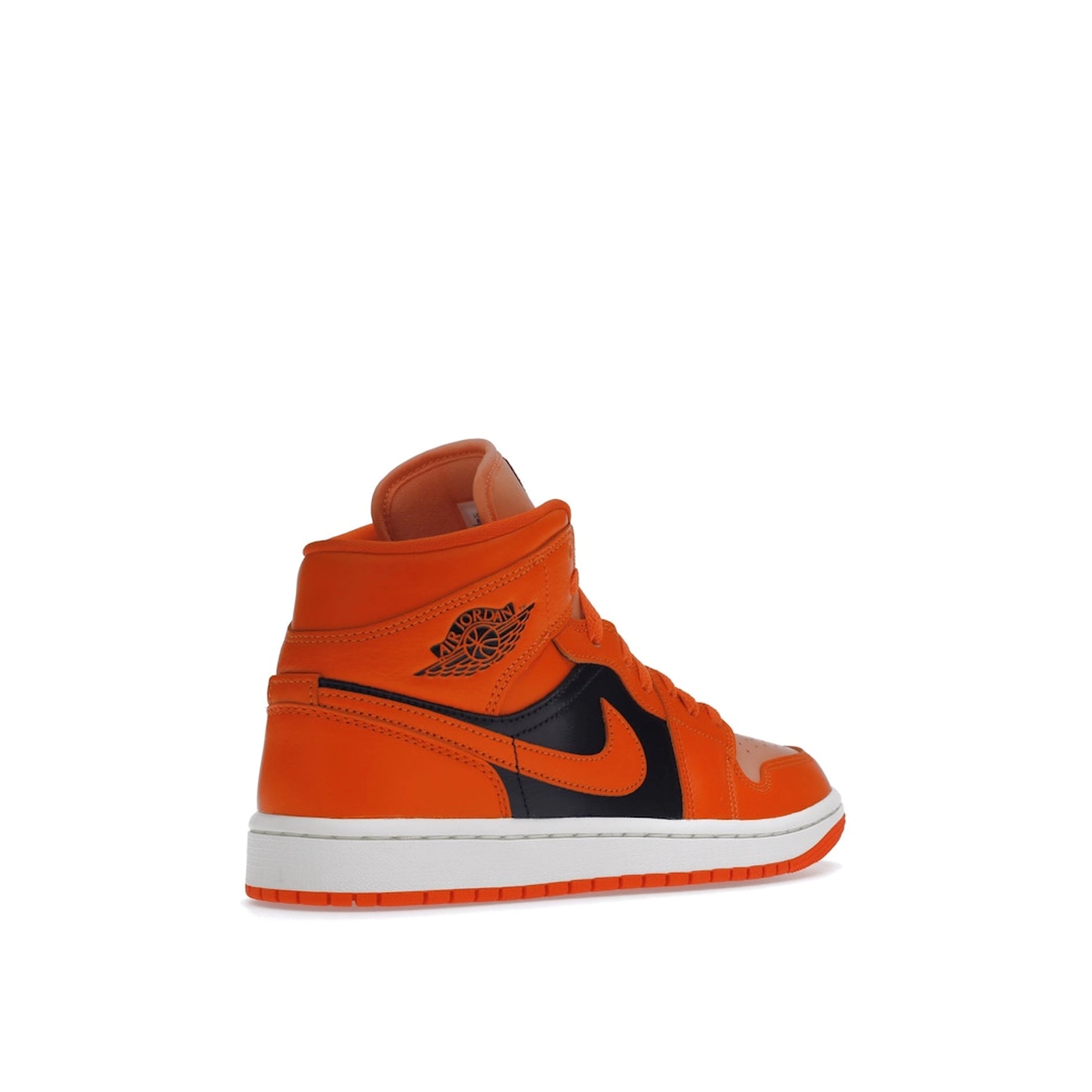 Jordan 1 Mid SE Women's sneakers, back view, model DM3381-600, rush orange with crimson bliss.