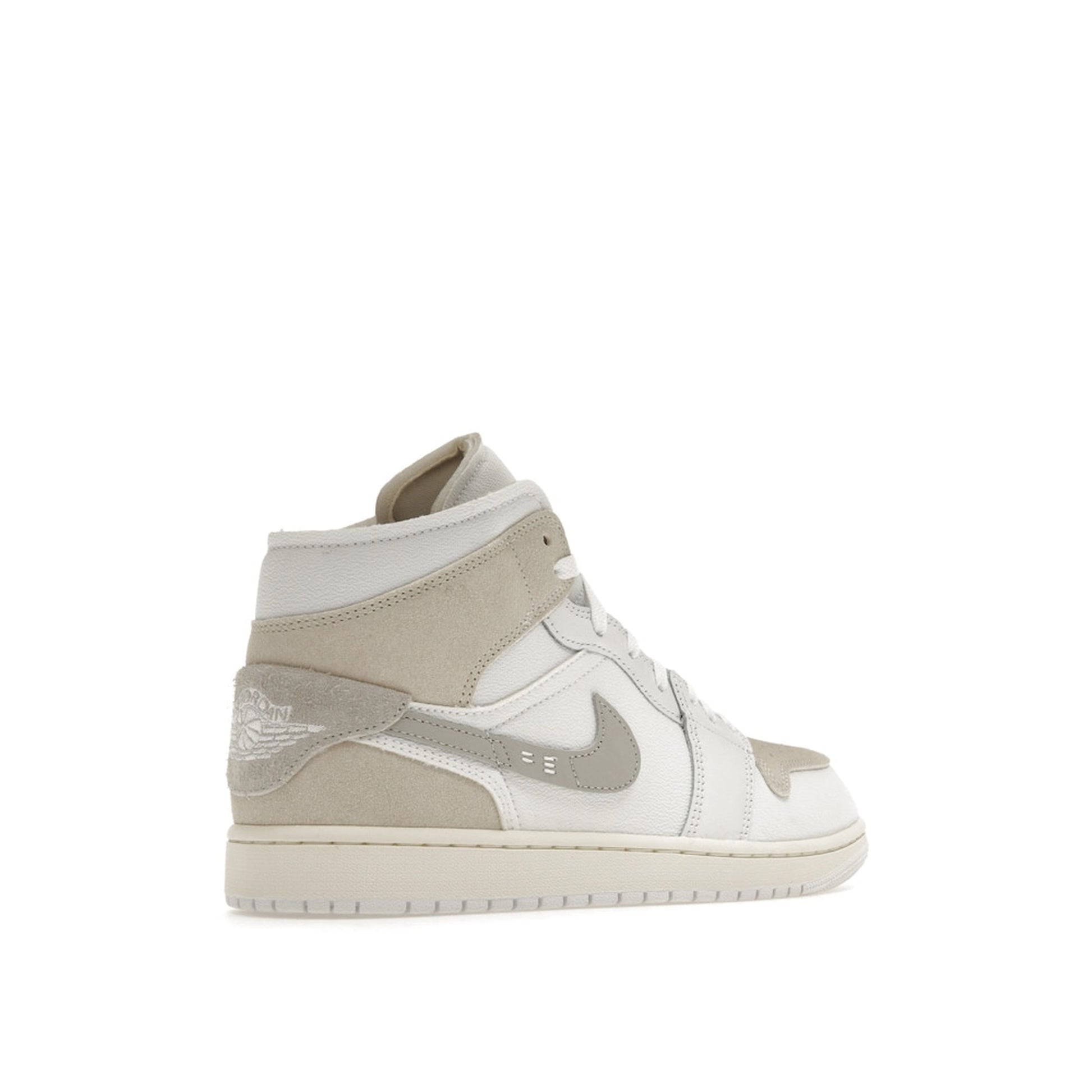 Air Jordan 1 Mid SE Craft sneakers, back view, model DM9652-120, tech grey with white and light grey accents.