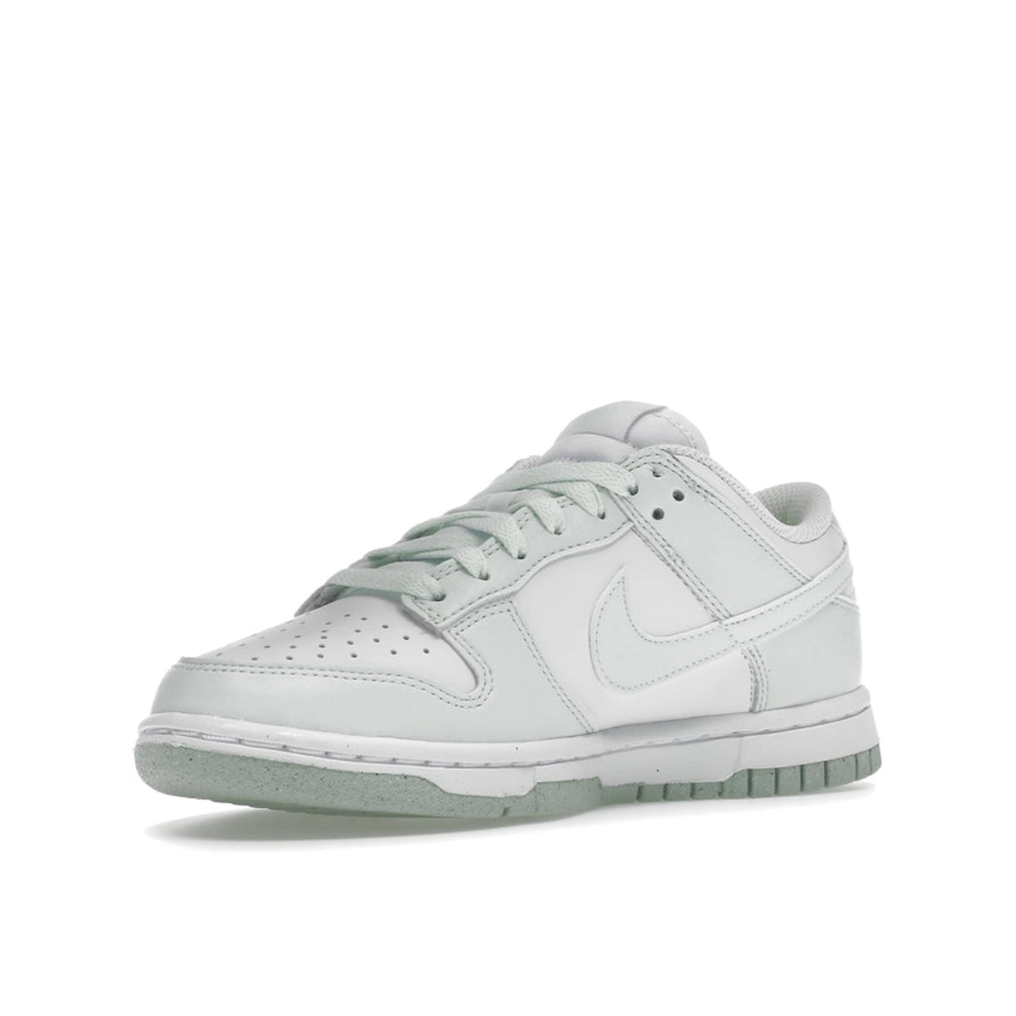 Nike Dunk Low Next Nature Women's sneakers, front view, model DN1431-102 in white with mint green details.